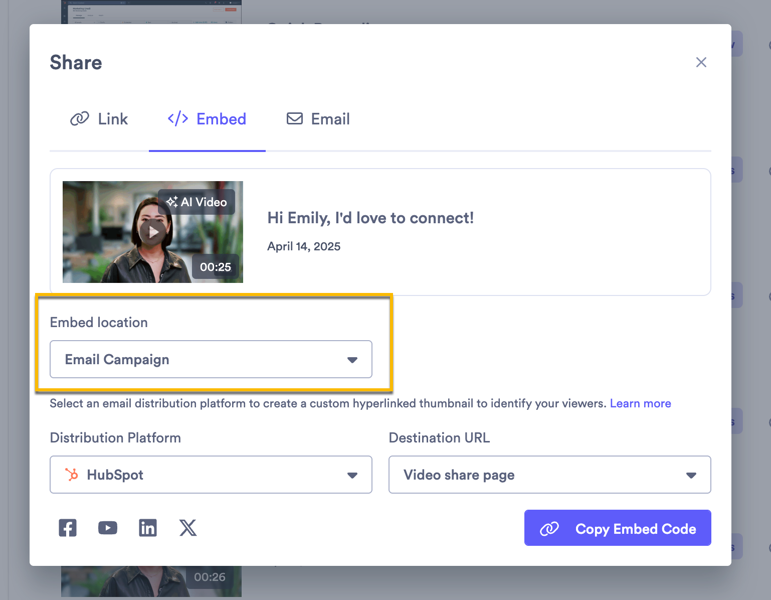 copying the email campaign embed code to add a linked thumbnail to your email templates