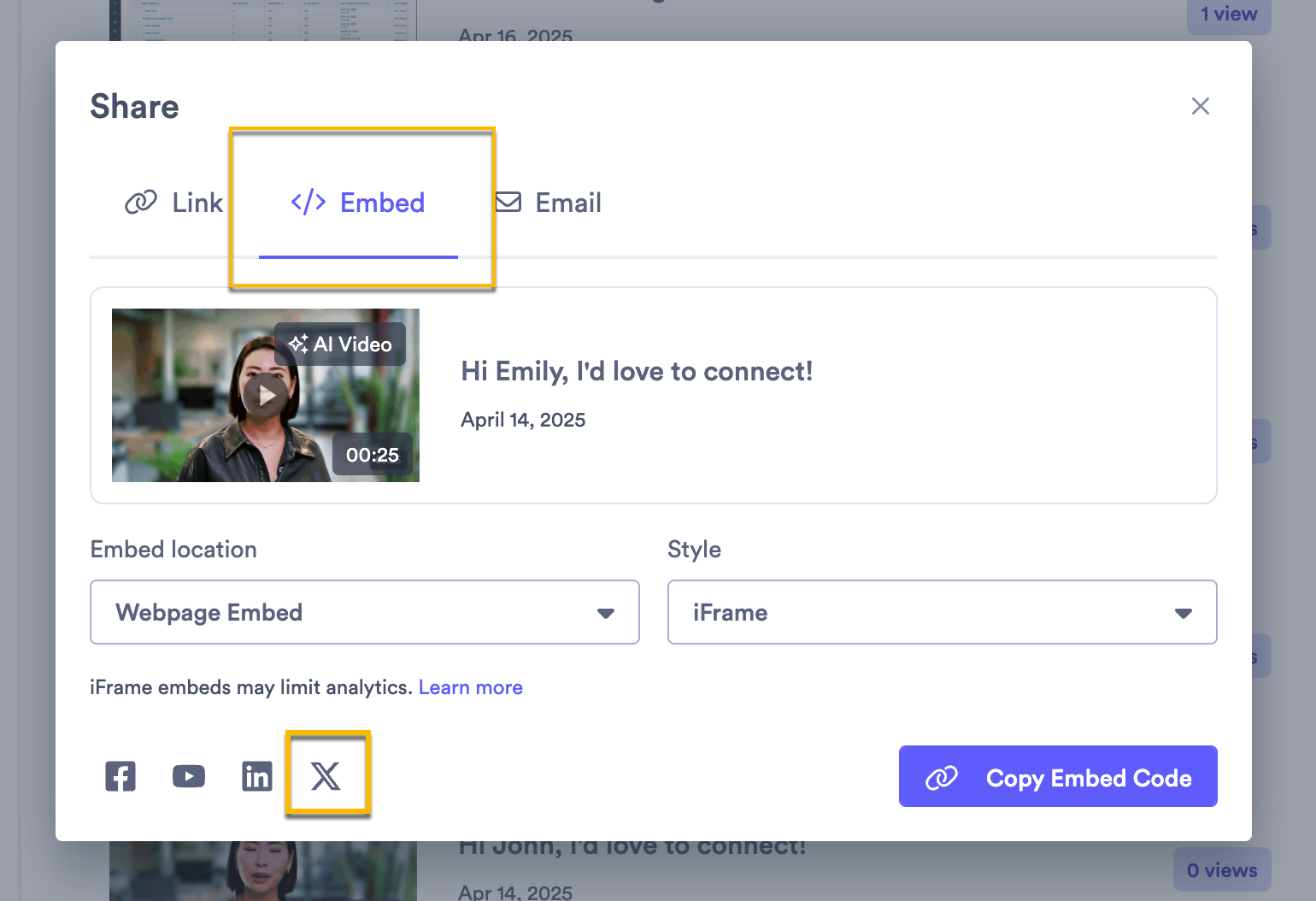 Selecting the X icon to share a video