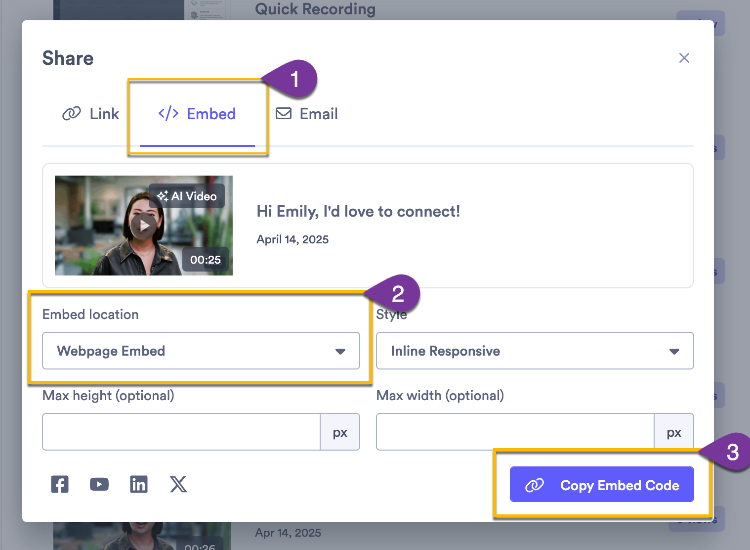 Vidyard embed share modal open with embed location selected and copy embed code button highlighted