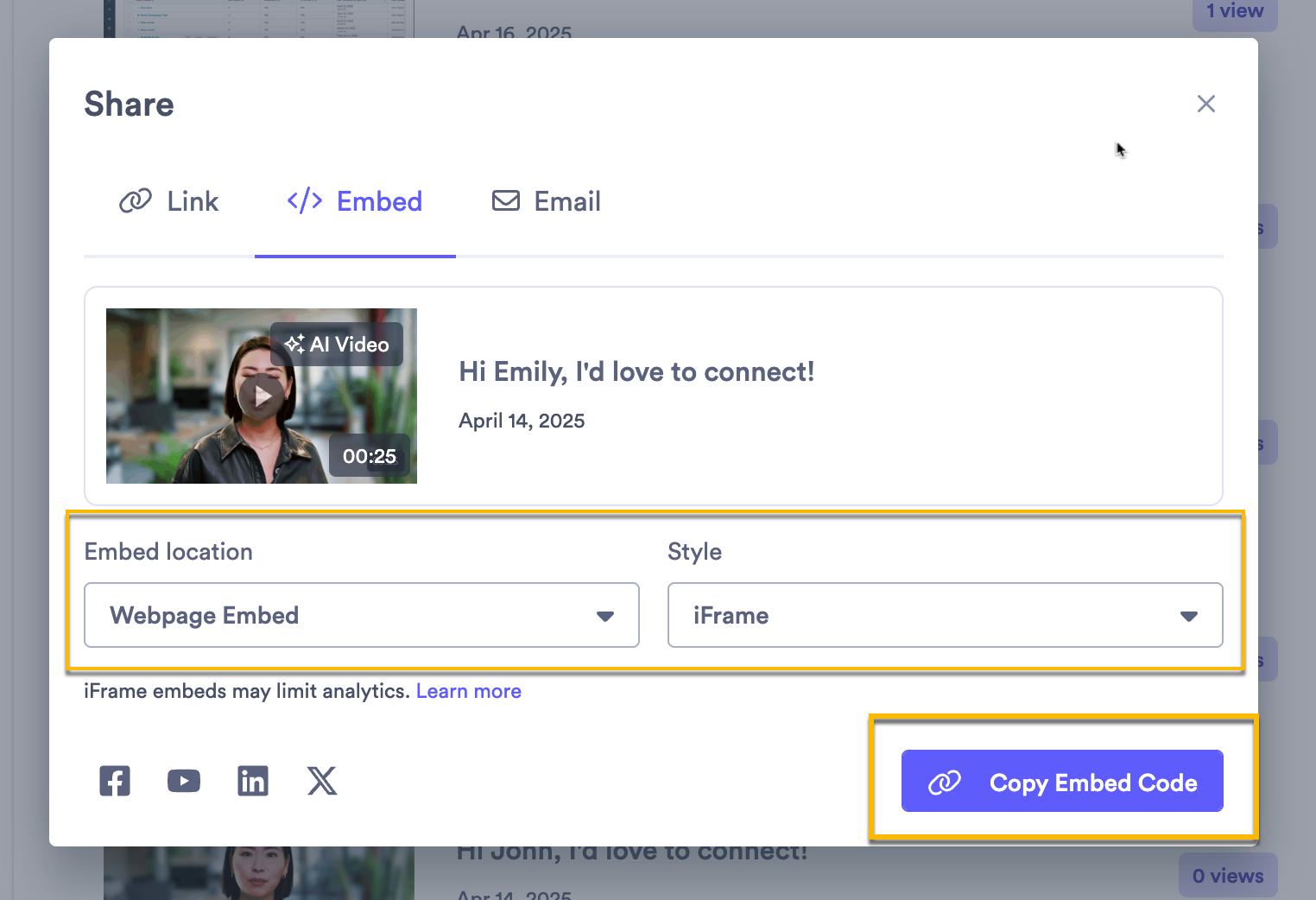Vidyard embed sharing modal open with iframe option selected from style dropdown