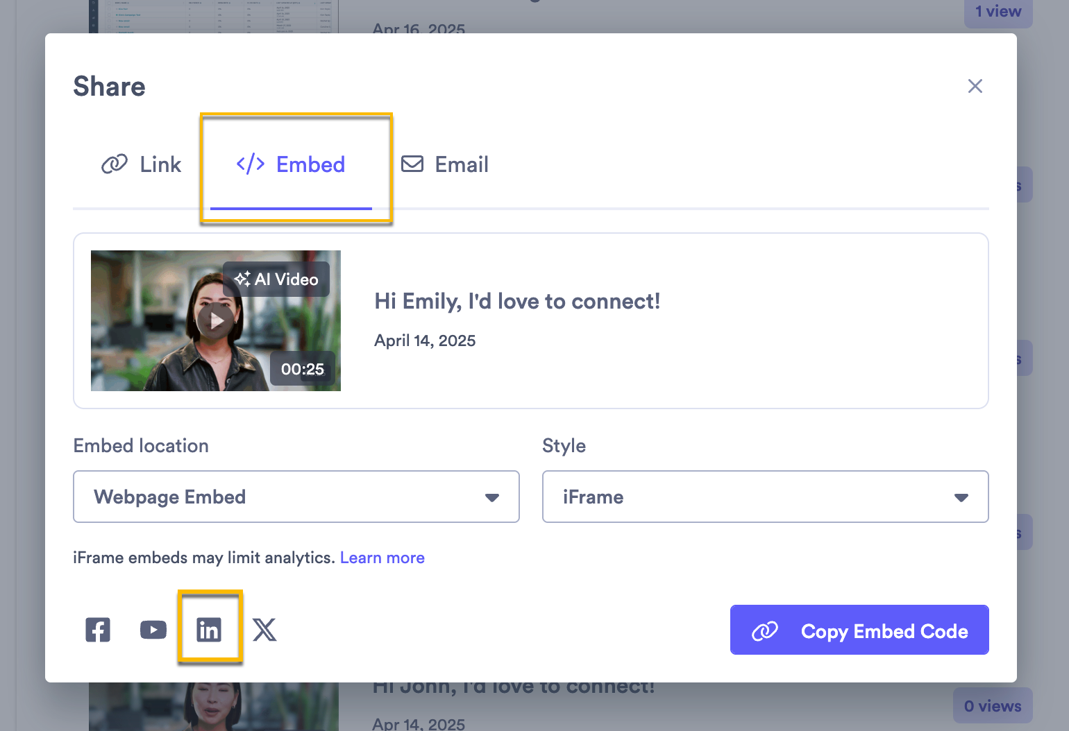 Vidyard embed sharing modal open with linkedin button highlighted