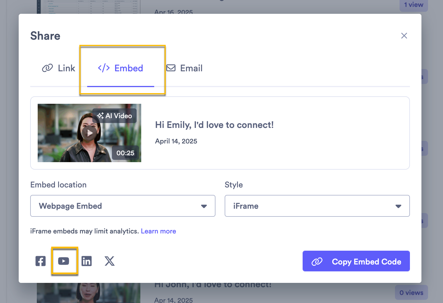Vidyard share page with option to push video to YouTube