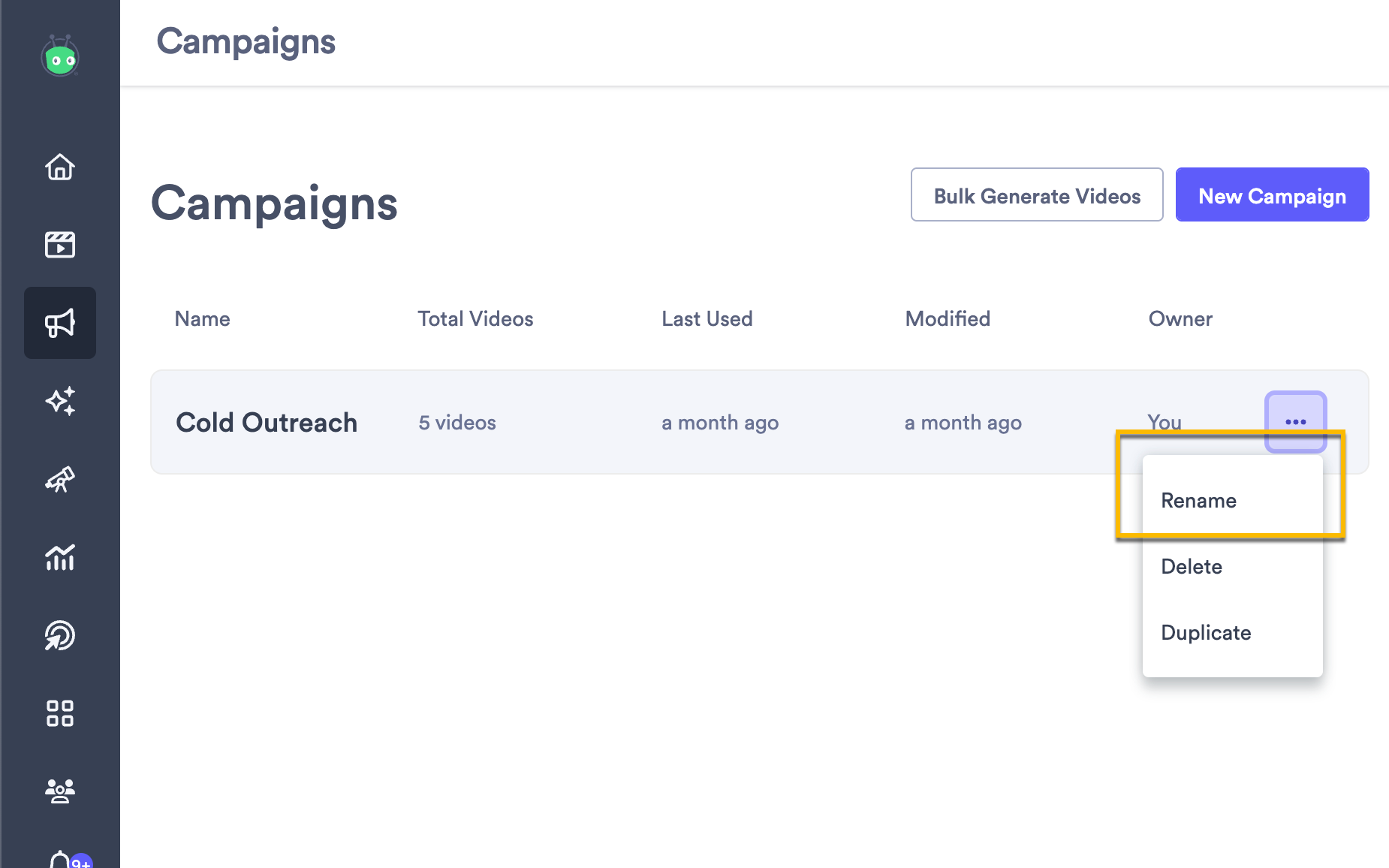 Campaign highlighted in a list with menu open and rename option highlighted