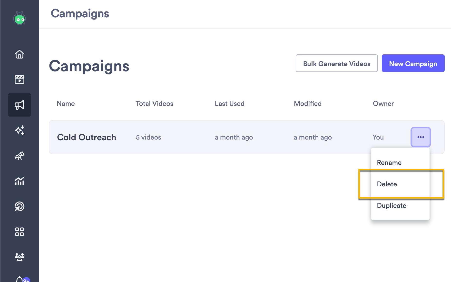 Campaign highlighted in a list with menu open and delete option highlighted