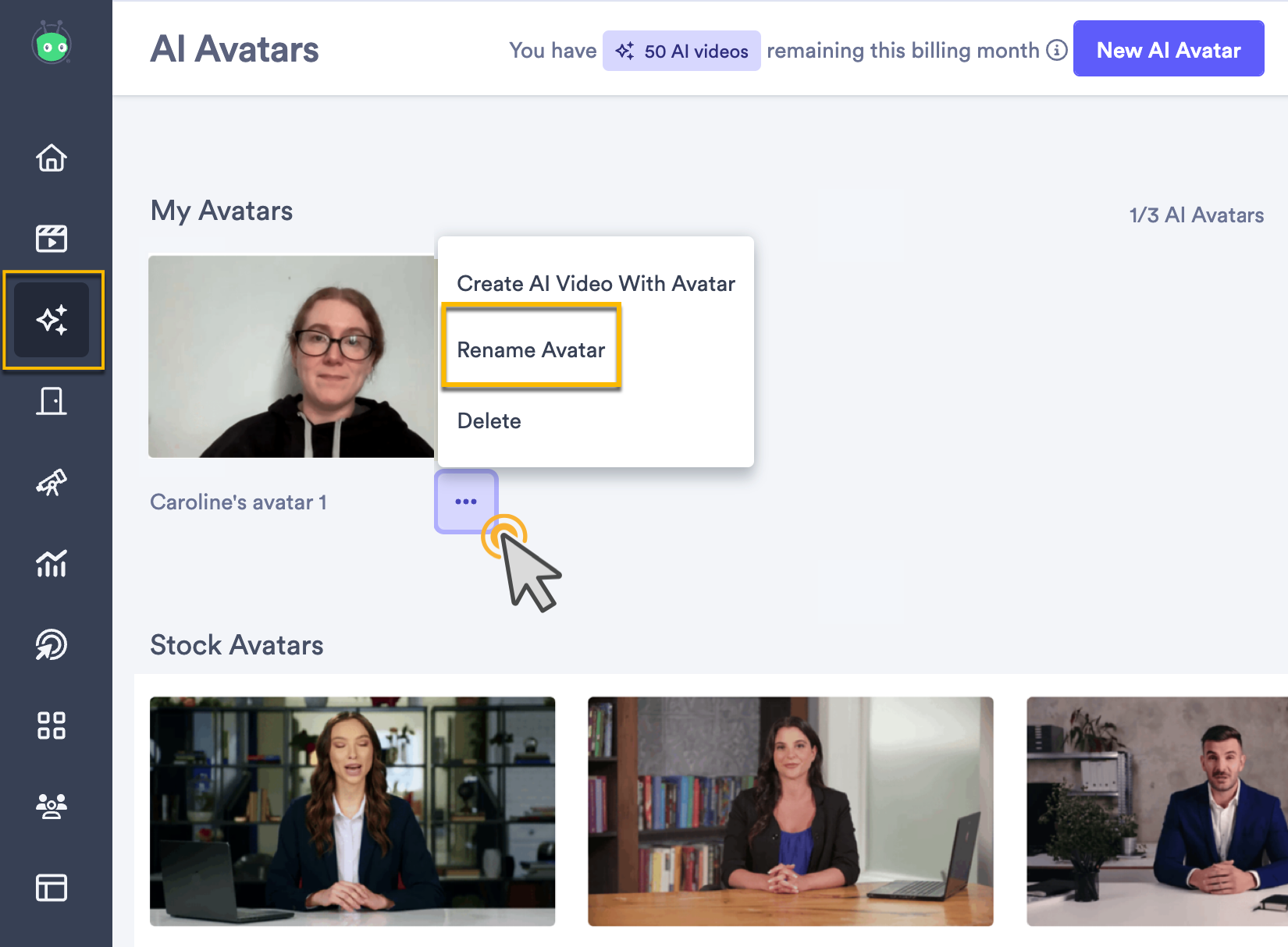 AI Avatars library with menu open next to an avatar and edit option selected