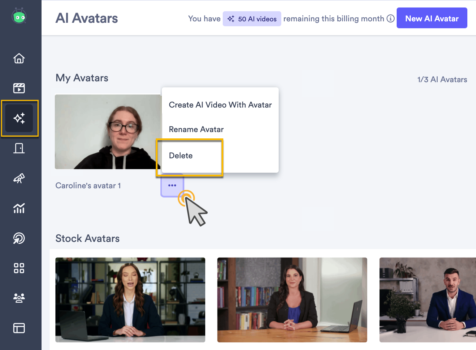 AI Avatars library with menu open next to an avatar and delete option highlighted