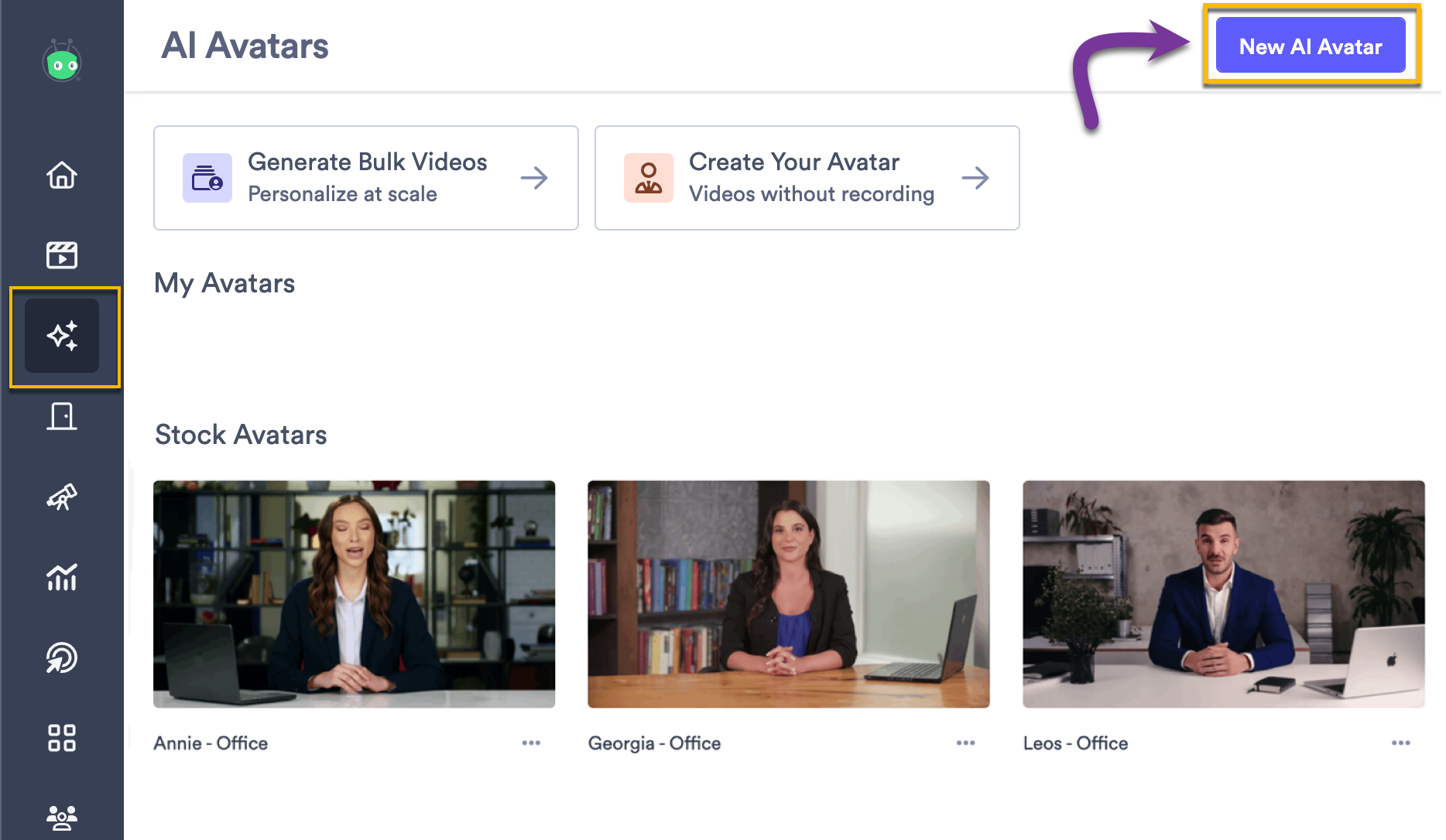 AI Avatar library with button to create new AI Avatar selected on the top right corner