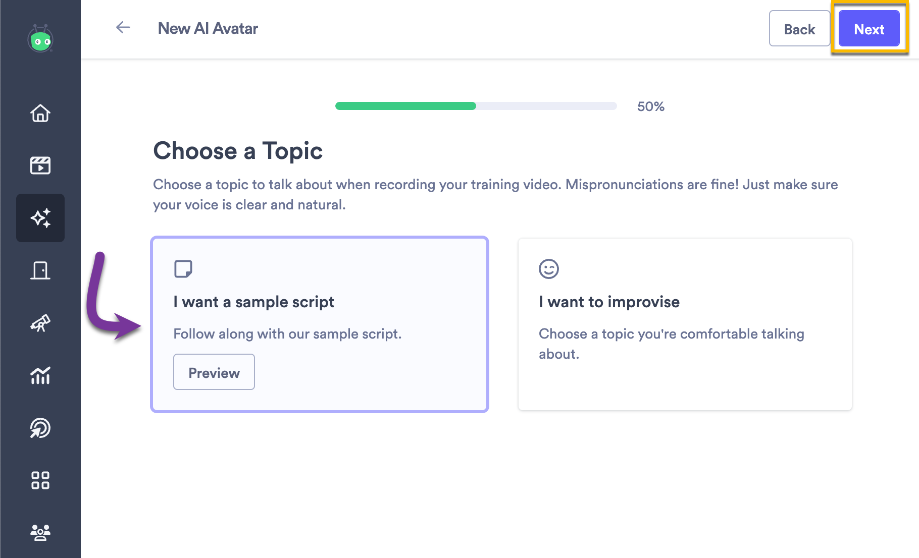 Choose a topic screen with options to use a sample script or improvise a video