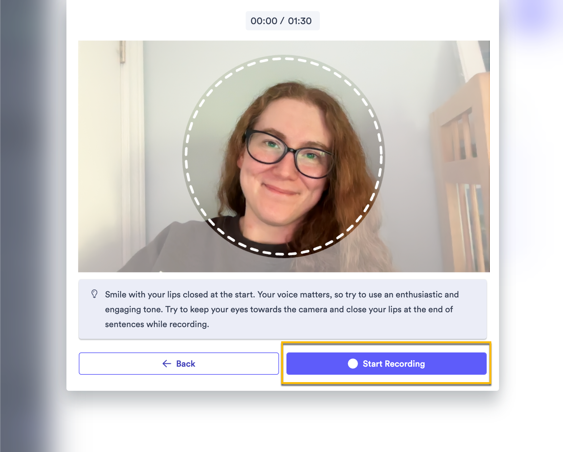 Video recording screen with 90 second timer and preview of video script