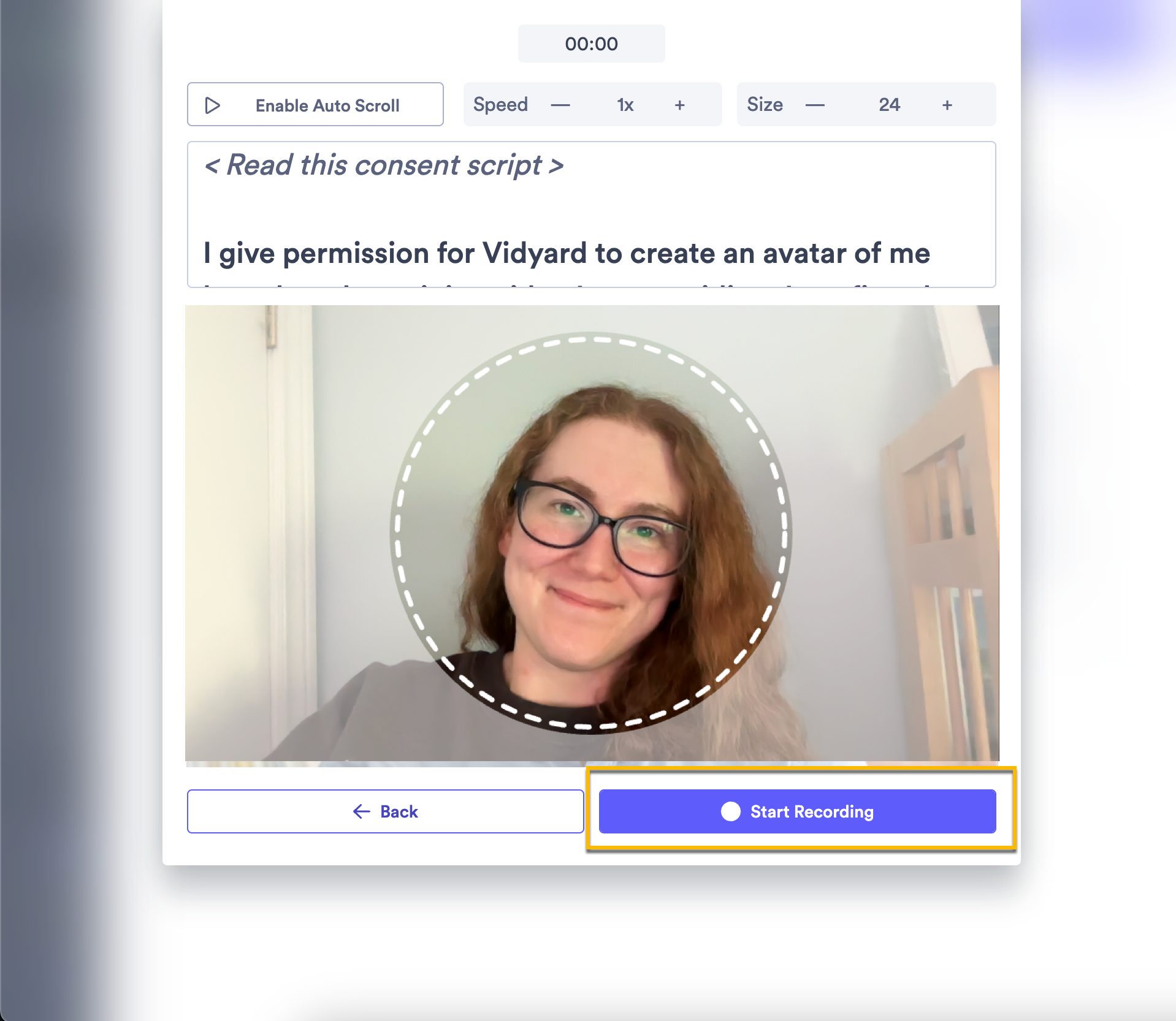 Video recording screen showing preview of consent video script