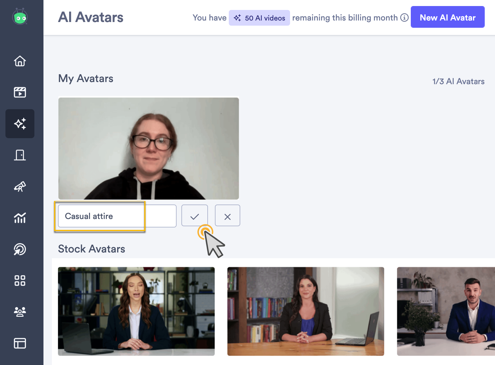 New name assigned to avatar with checkmark to confirm selected