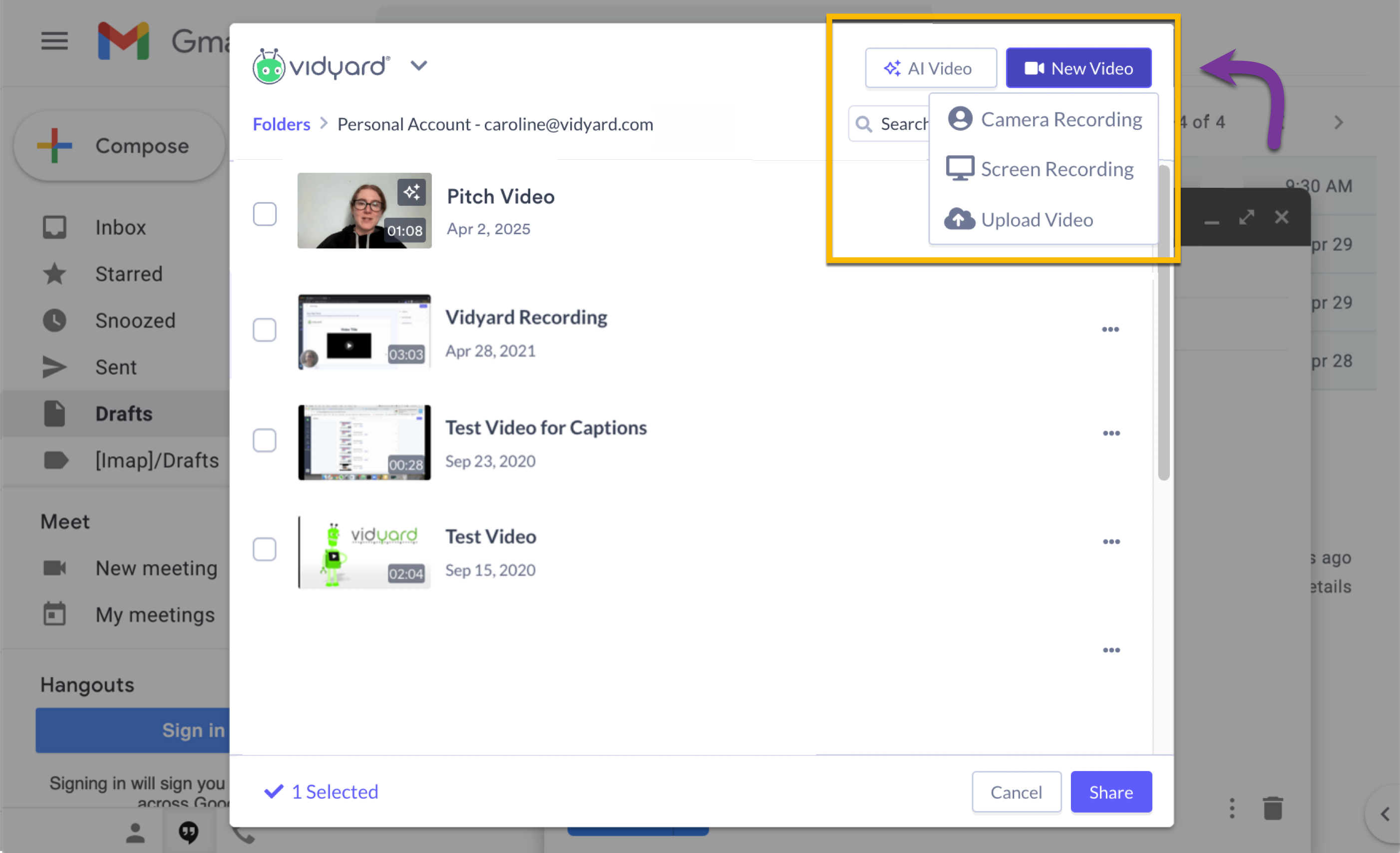 Vidyard app open with options for creating AI video or new video recording highlighted