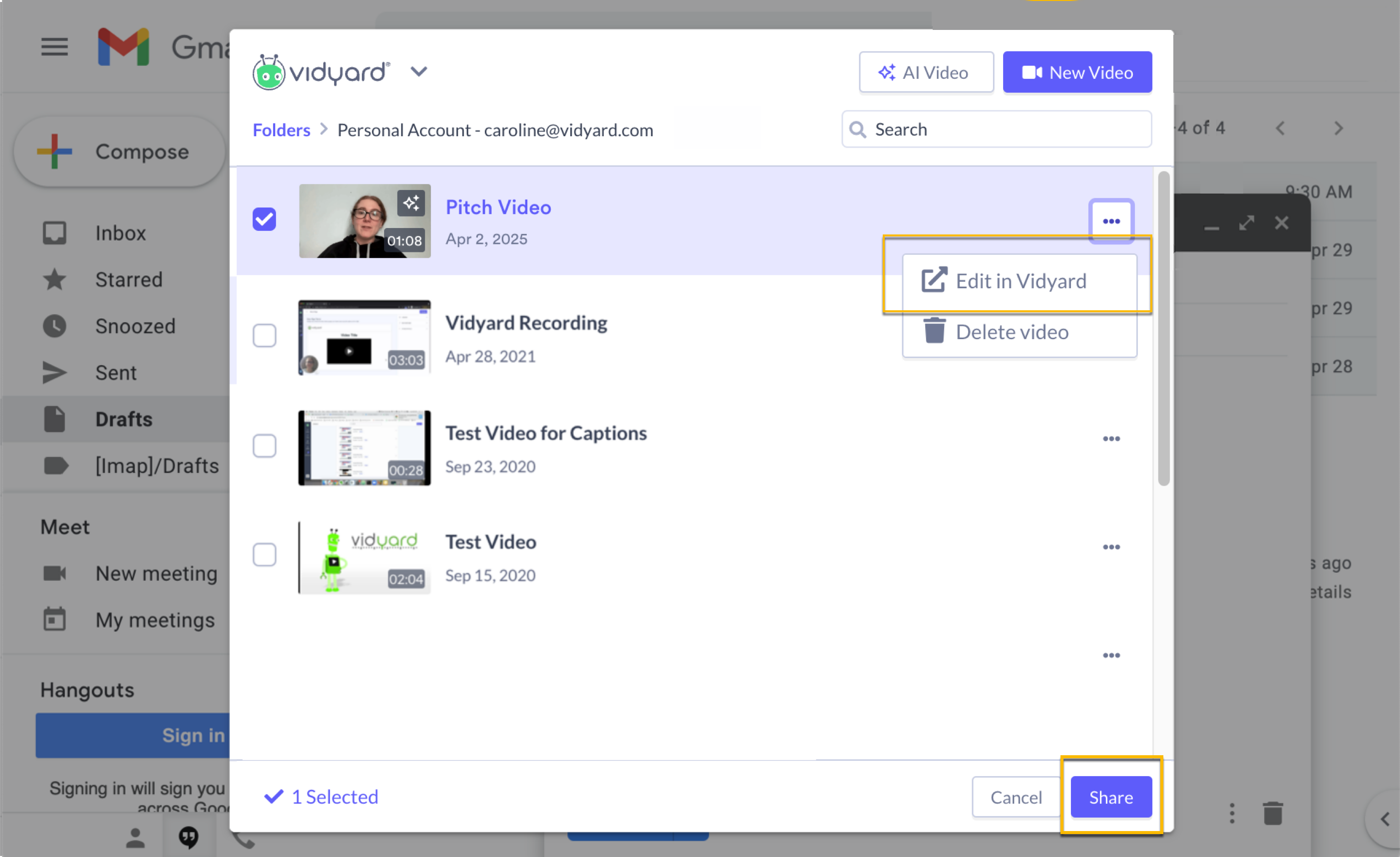 Vidyard app with 1 video selected from the library with menu open highlighting ability to edit, and button to share video highlighted