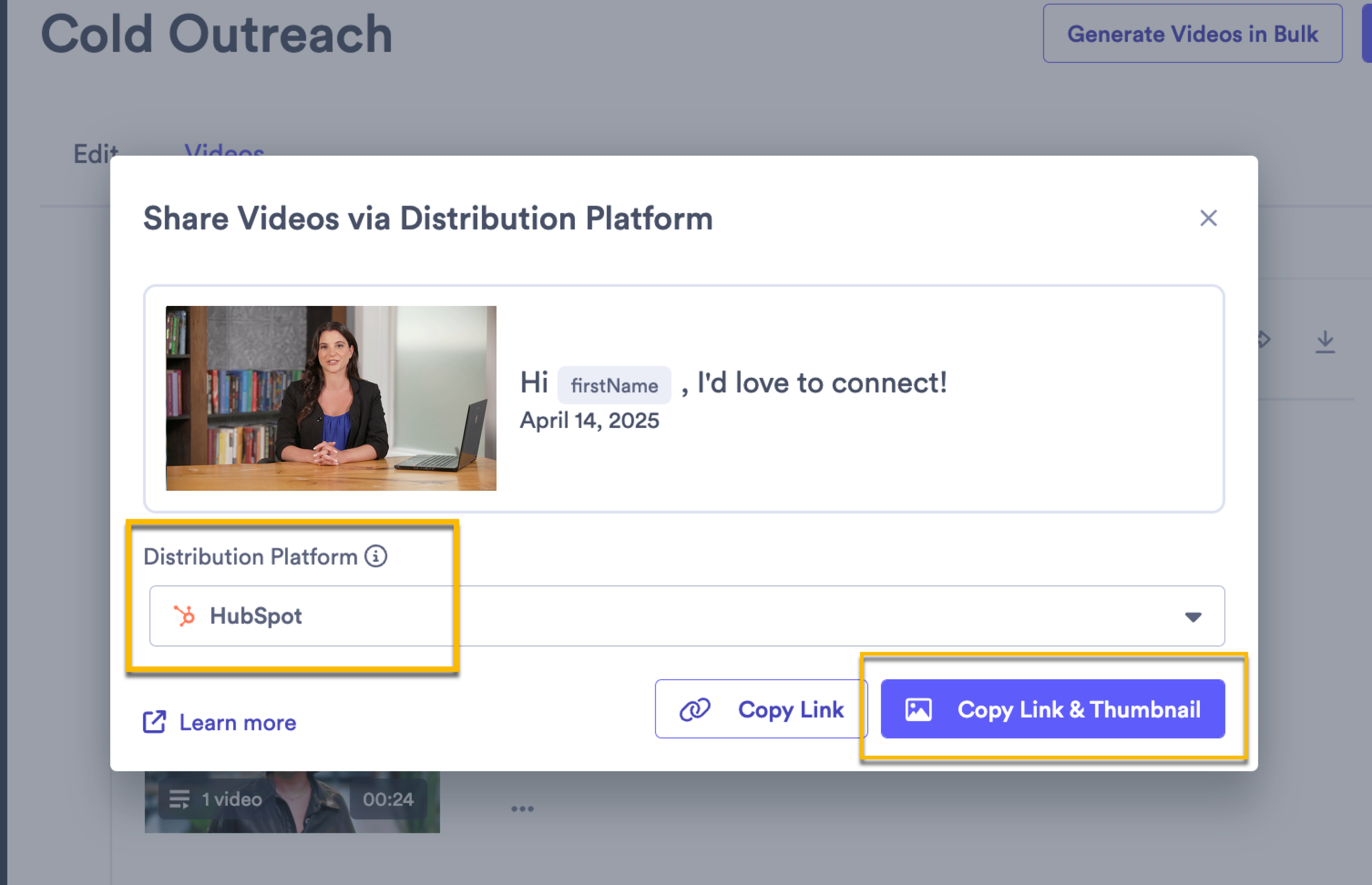 Sharing modal open with distribution platform selected from dropdown menu and copy link button highlighted