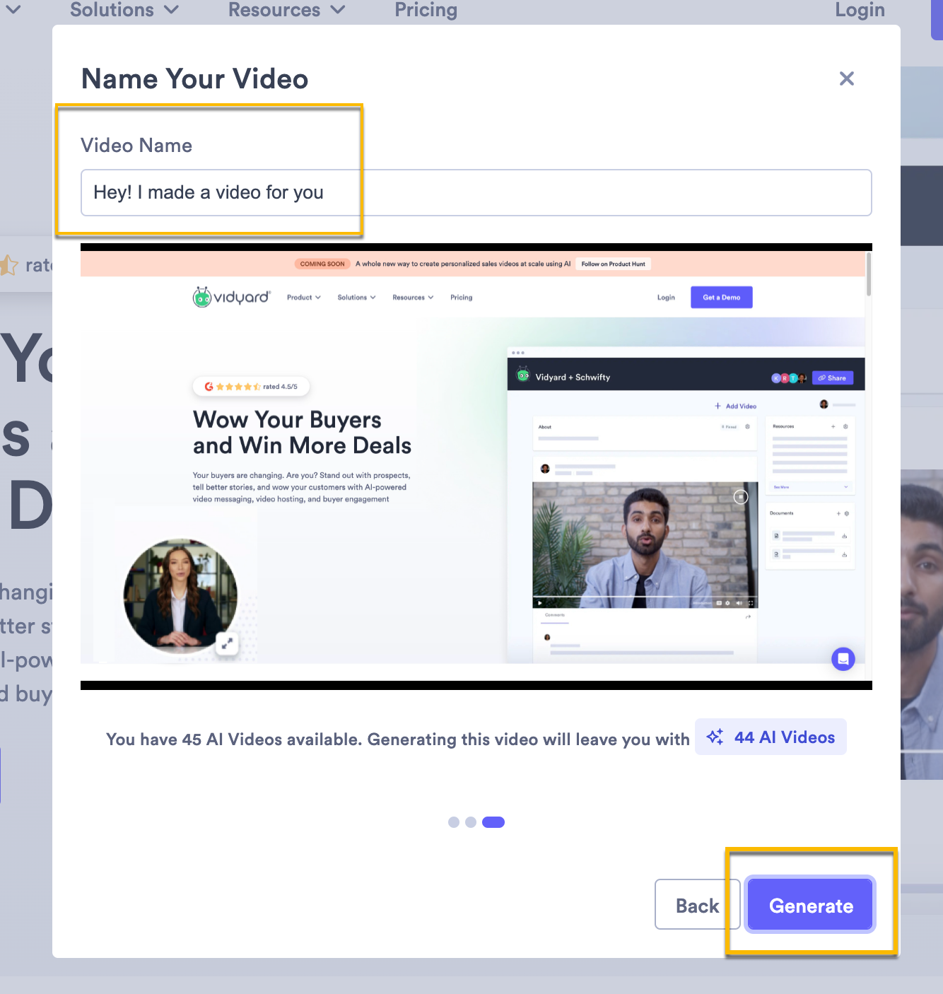 Final section of AI video creation in extension where you can enter your video name and generate your AI video