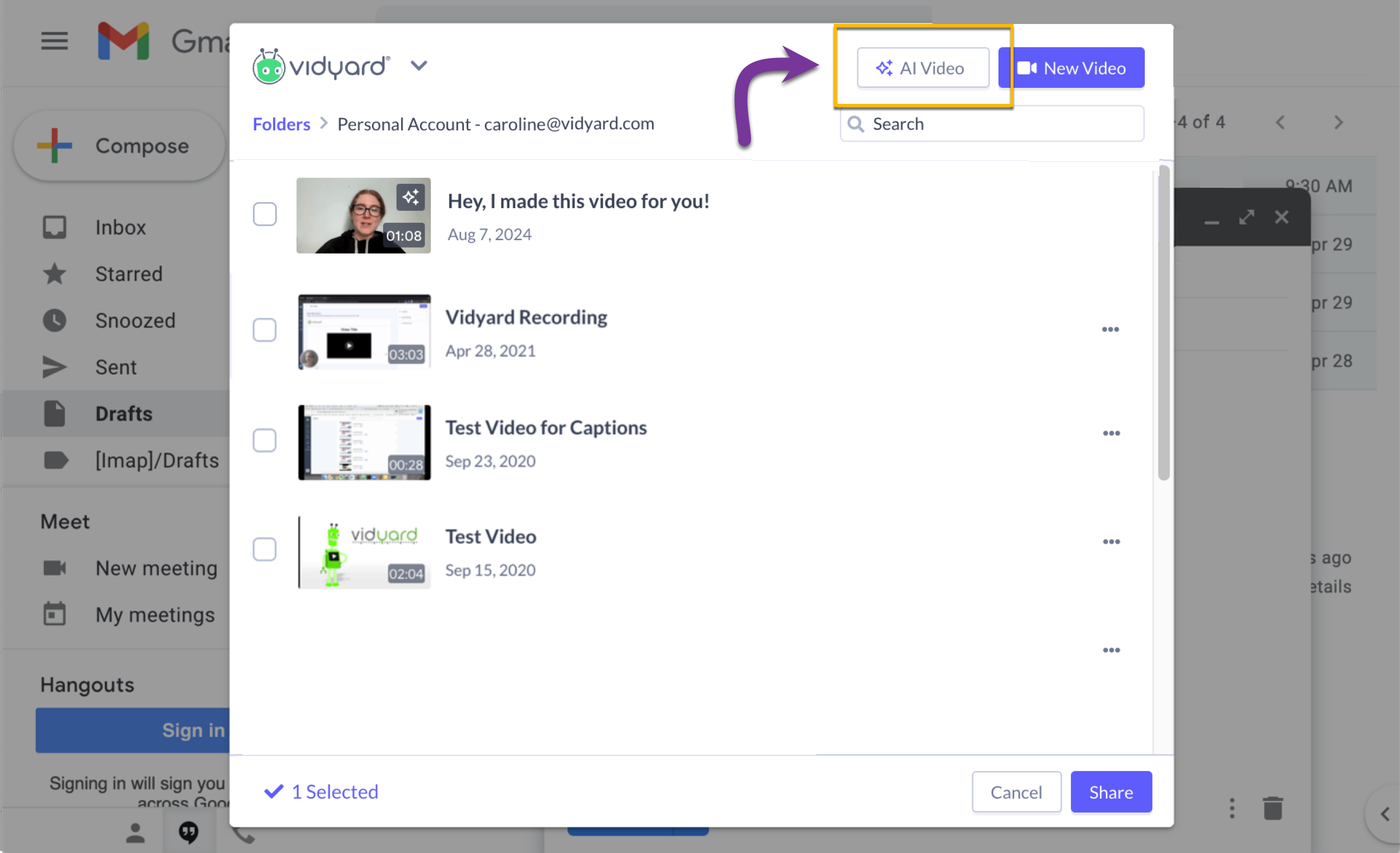 Vidyard app in Gmail opened from email compose window and AI video option selected from toolbar