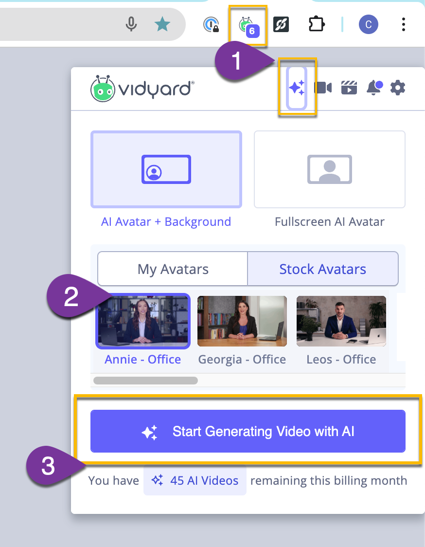 Vidyard browser extension open with AI Avatar tab selected and button to generate AI videos highlighted