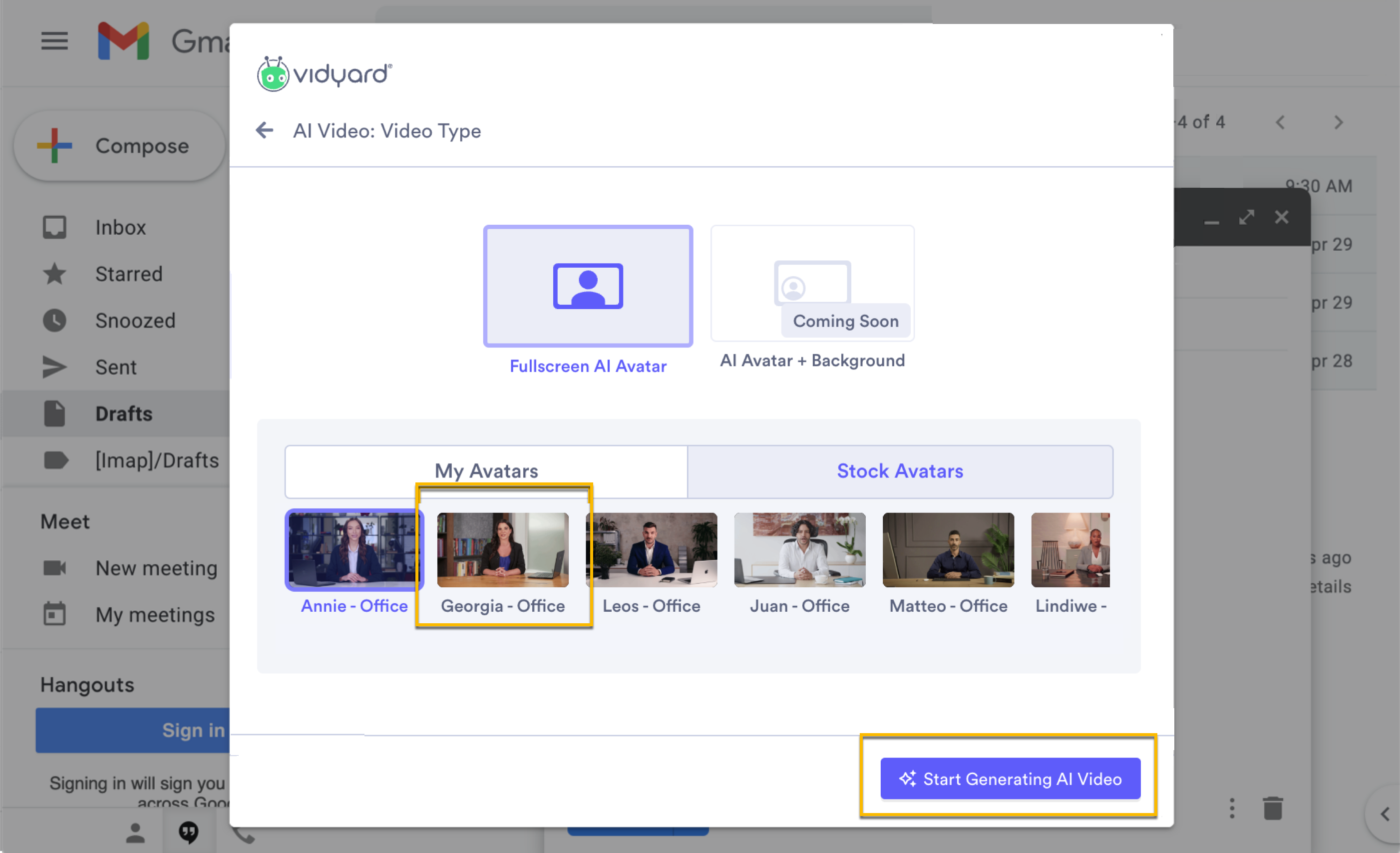 AI video creation screen step 1 with options to select either custom or stock avatars