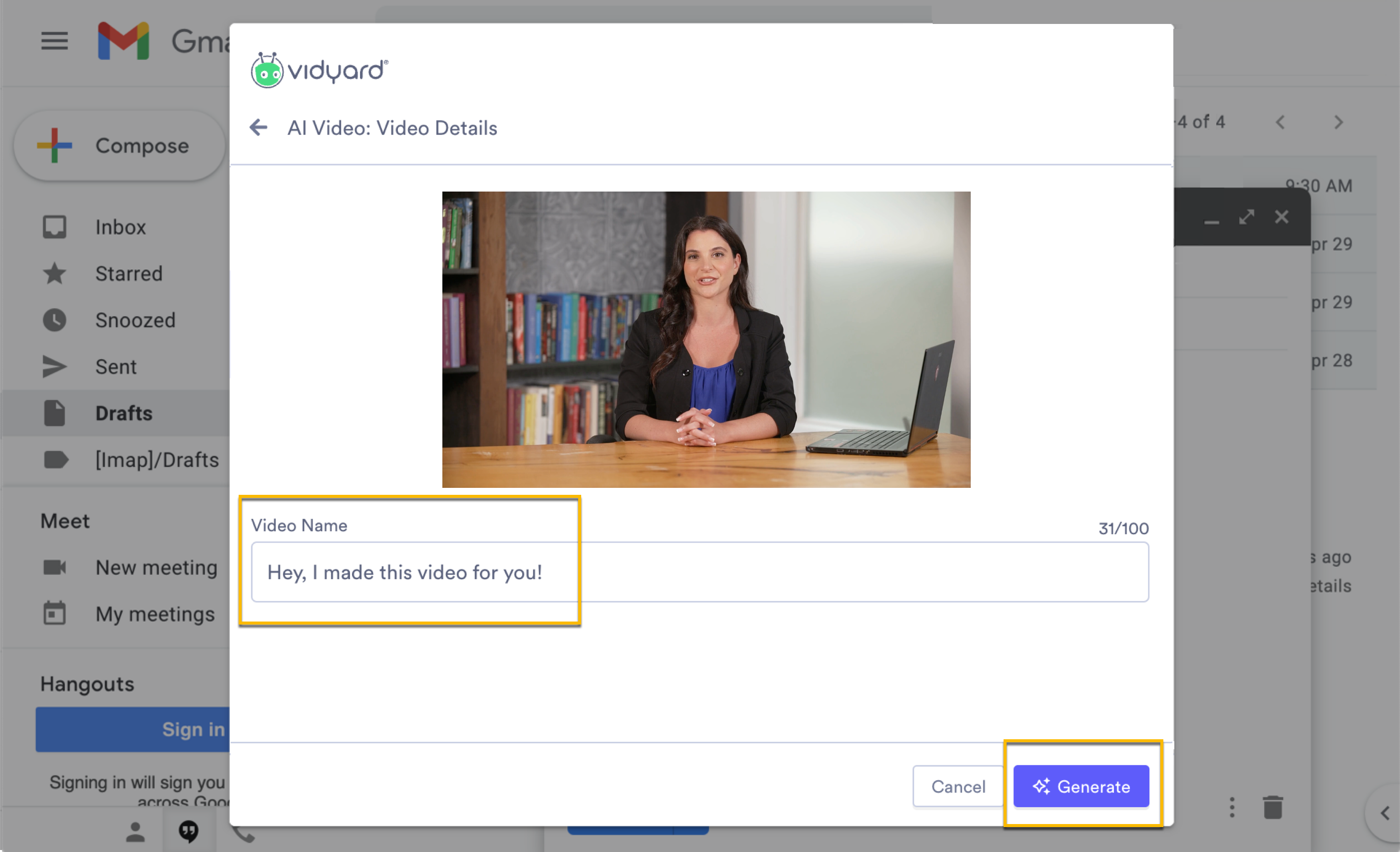 Confirmation screen for AI video creation with demo title entered for generated video