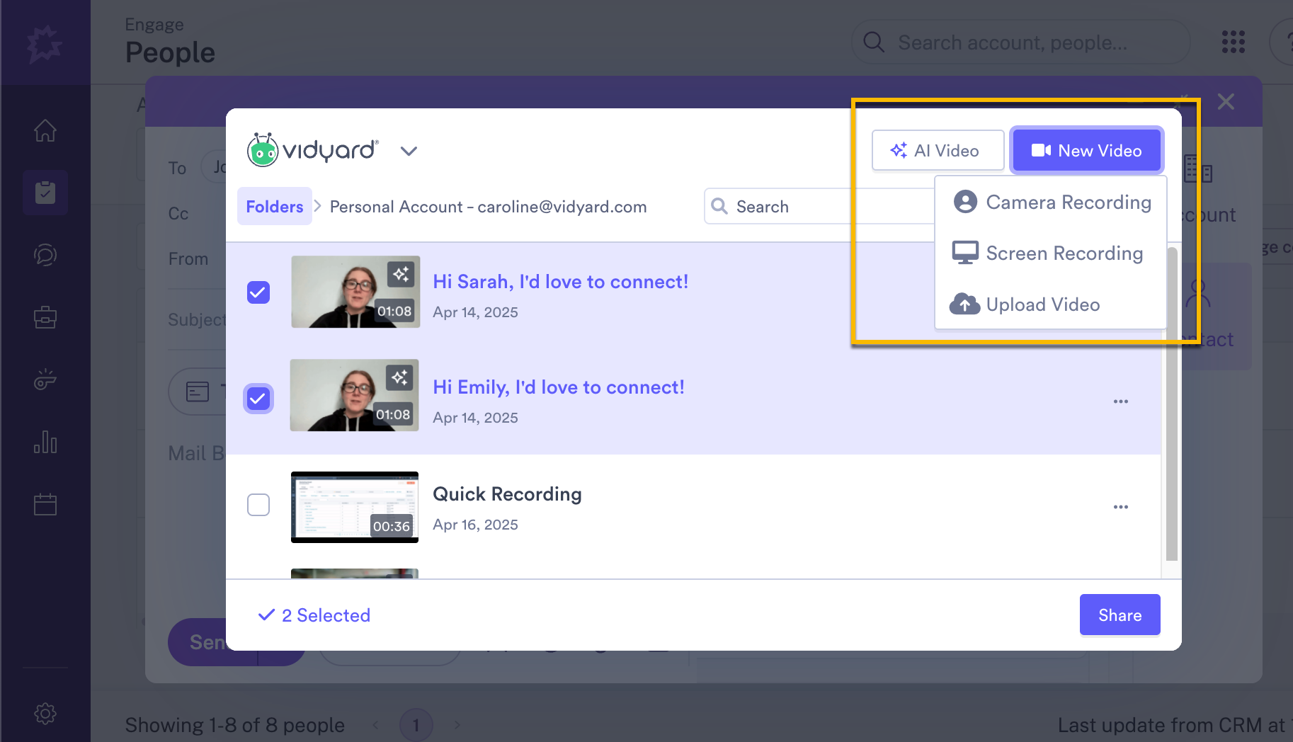 Vidyard app in Gong open with options for creating AI video or new video recording highlighted