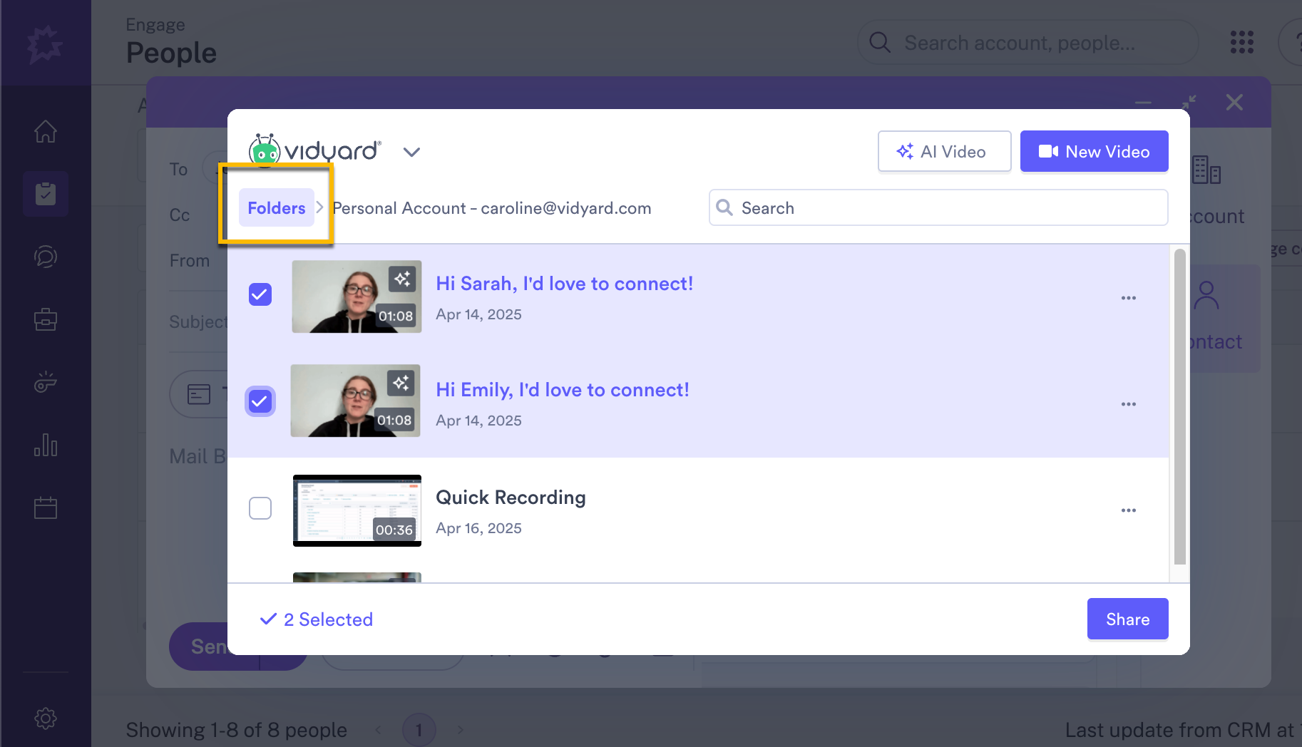 Selecting the folders breadcrumb menu to access videos a shared team folder