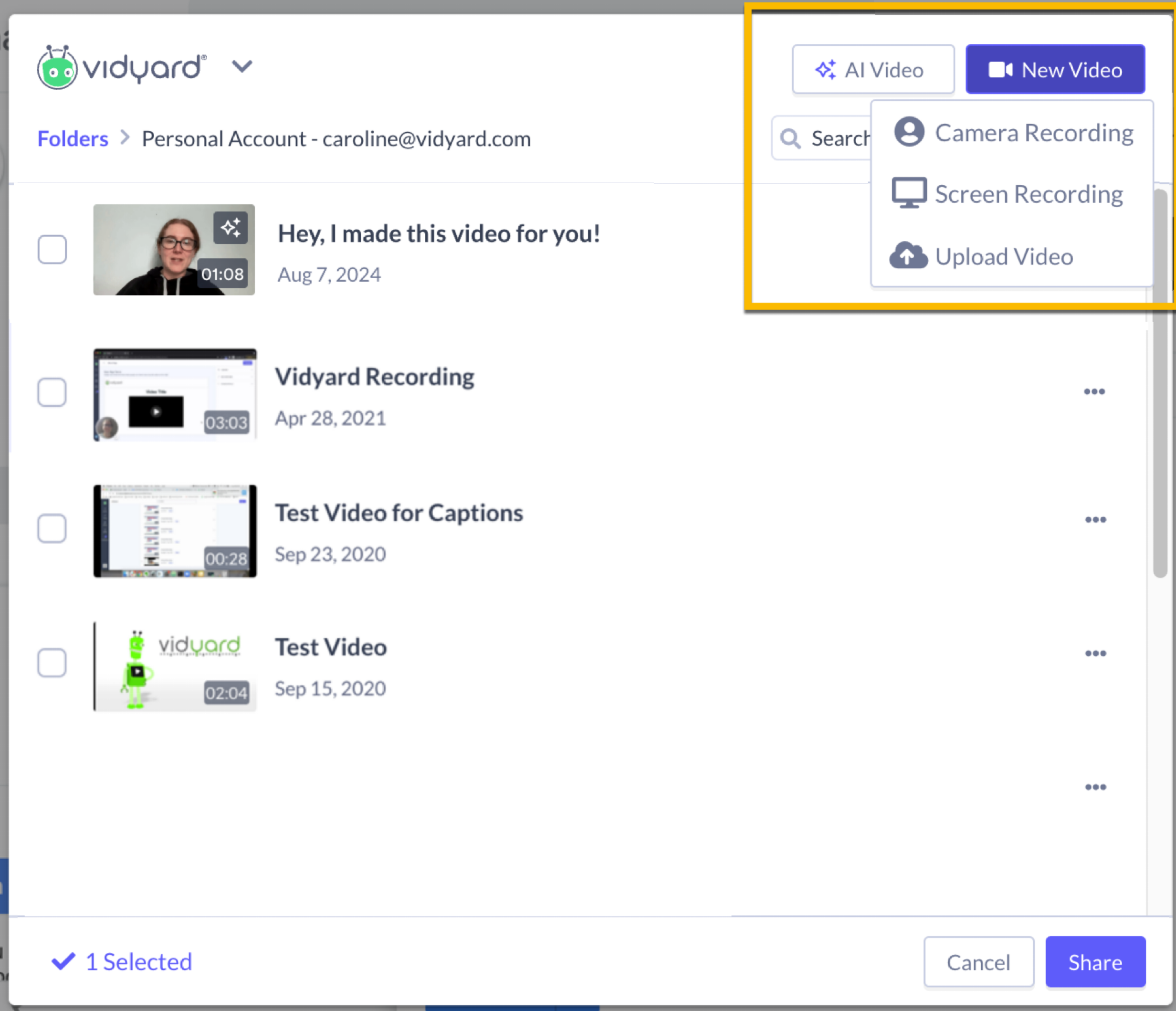 Vidyard app in Salesloft open with options for creating AI video or new video recording highlighted
