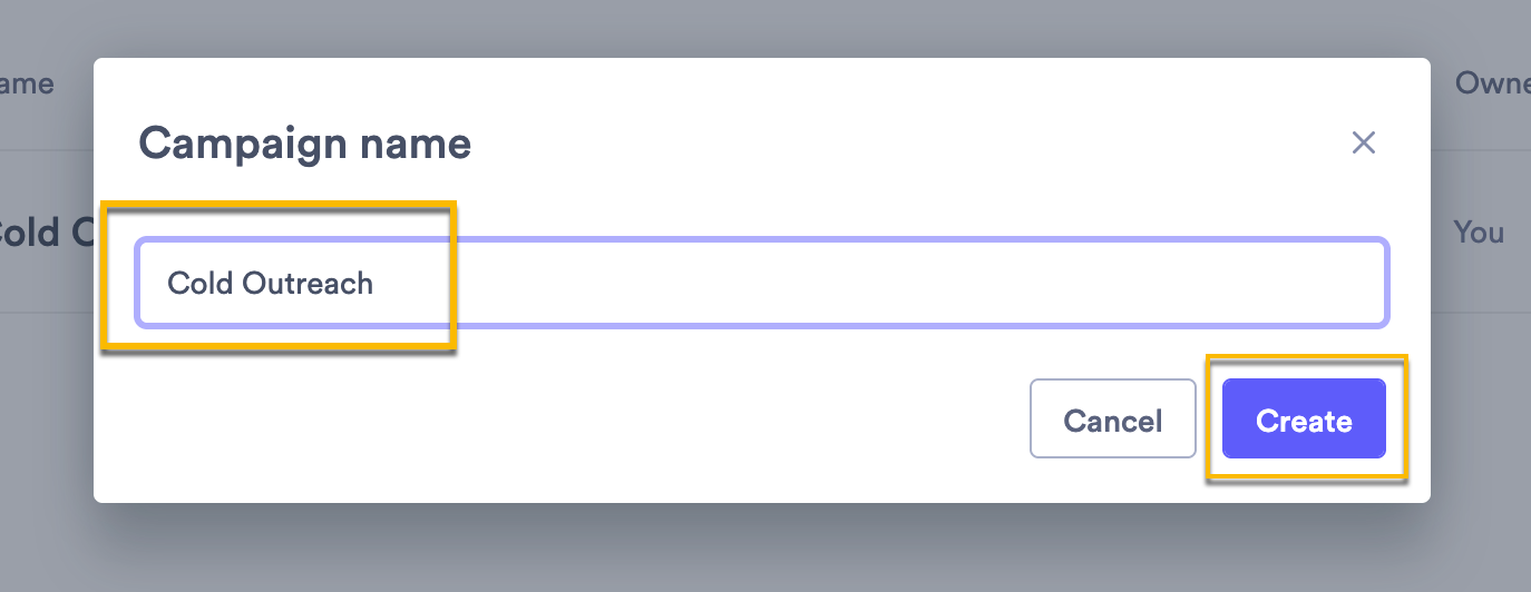 Field to enter new campaign name with create button highlighted to complete process