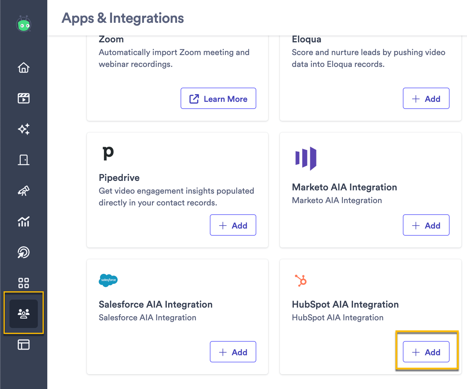 Vidyard integrations page with HubSpot AIA integration and add button highlighted