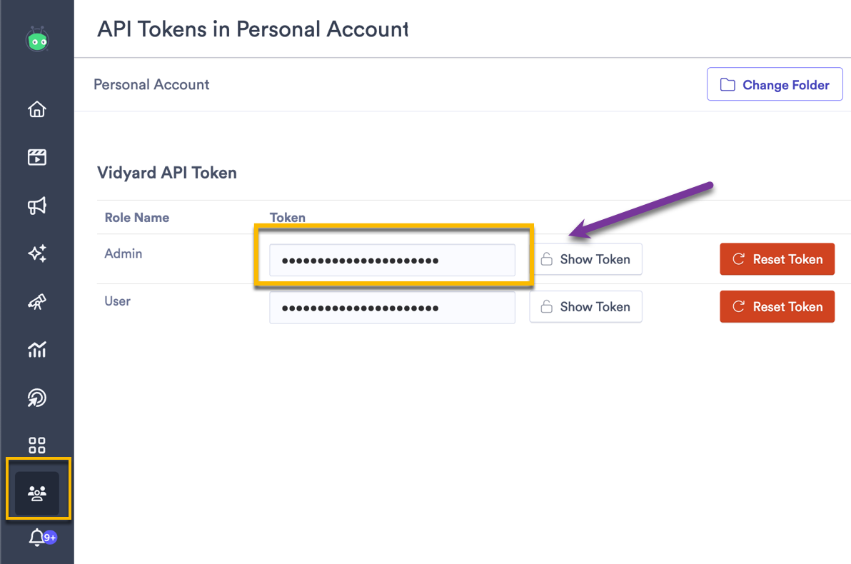 Vidyard Admin API token page with Admin API token highlighted