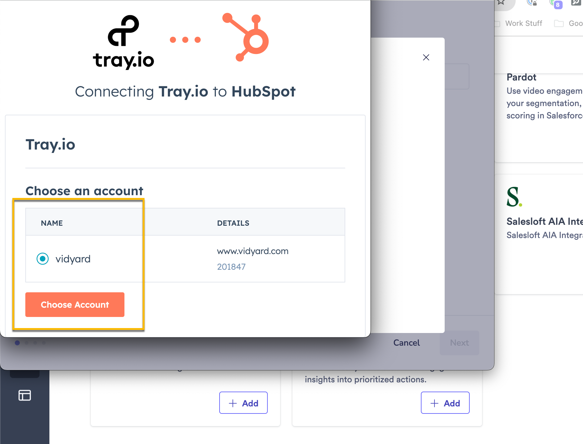 HubSpot login screen showing different accounts that can be connected to Vidyard