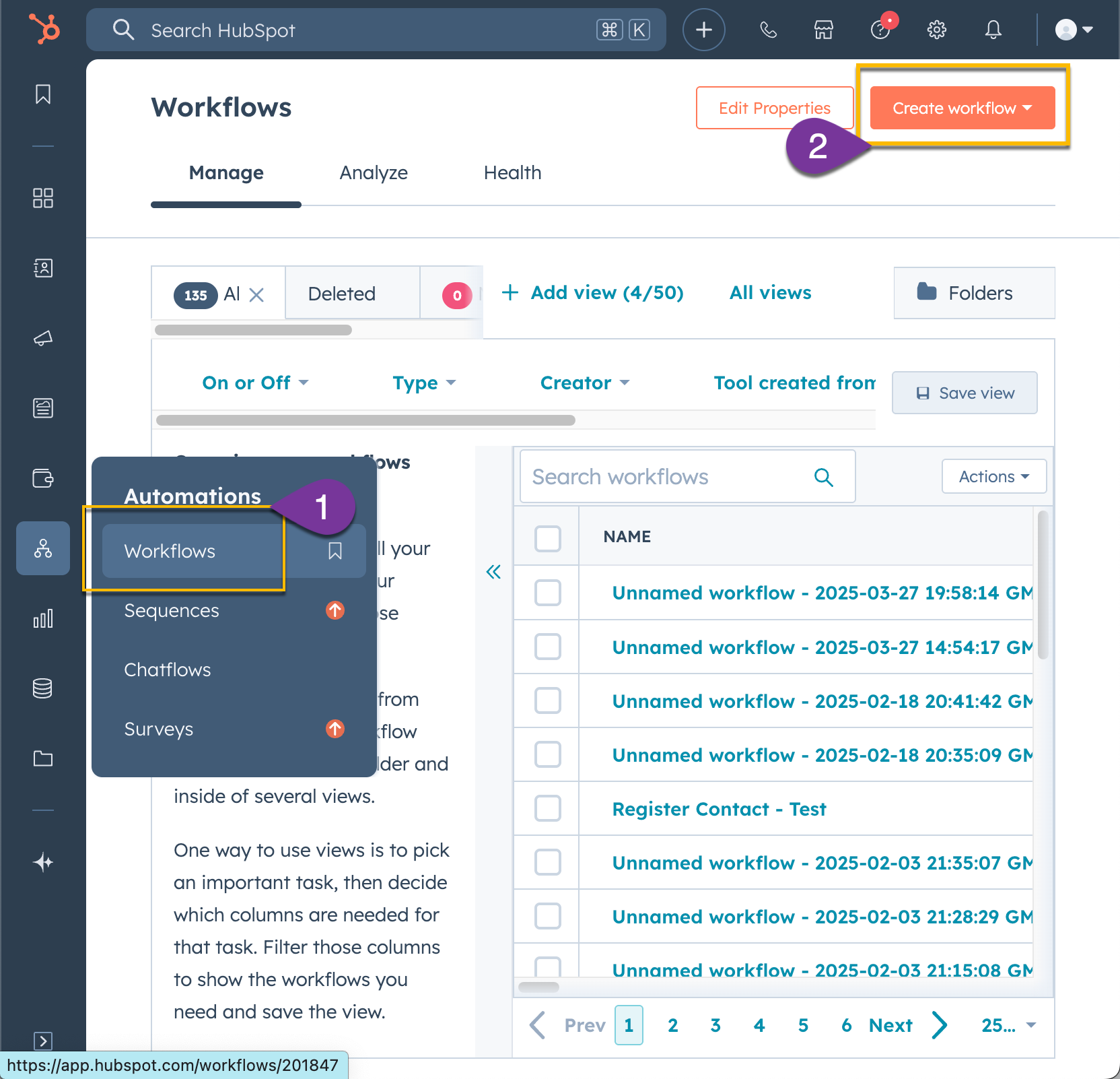 HubSpot workflow page with option to create new workflow highlighted