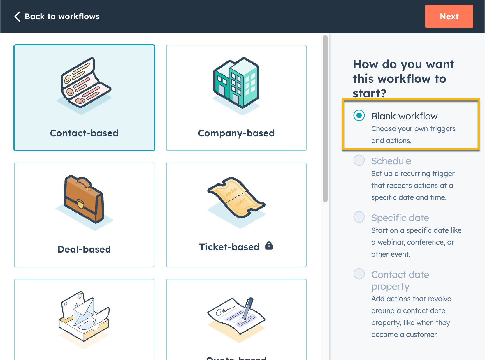 HubSpot workflow type selection screen with blank workflow option highlighted