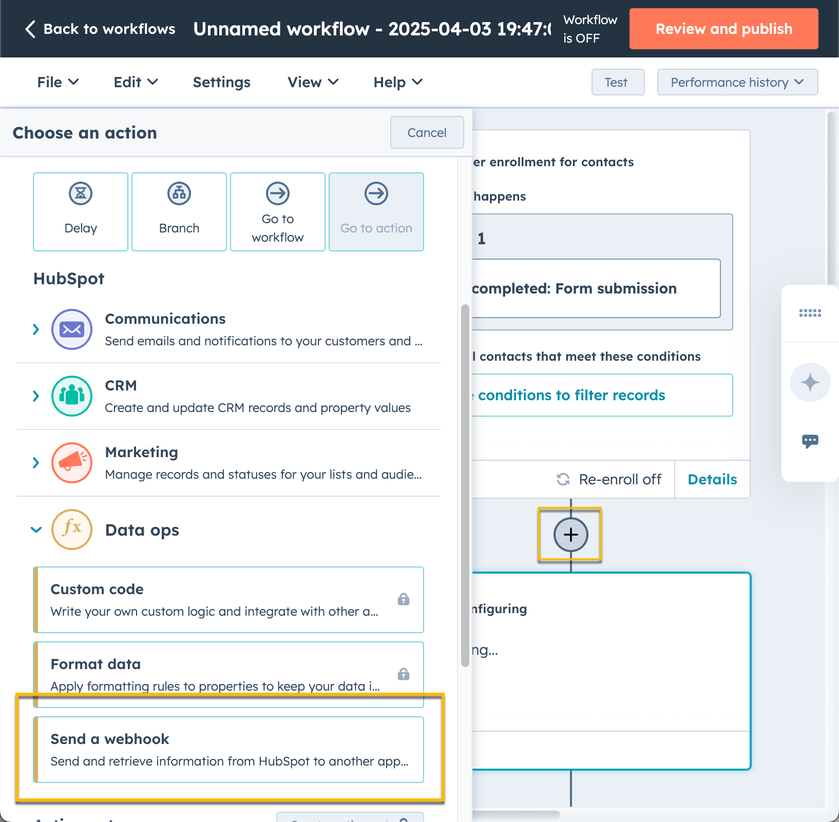 Action creation in HubSpot workflow with option to send a webhook highlighted