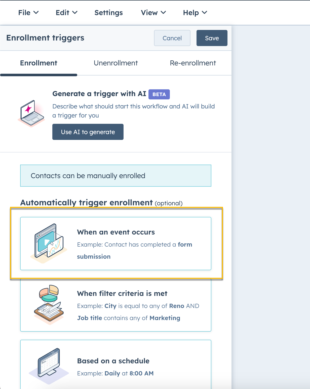 HubSpot enrollment trigger with option to trigger when an event occurs selected