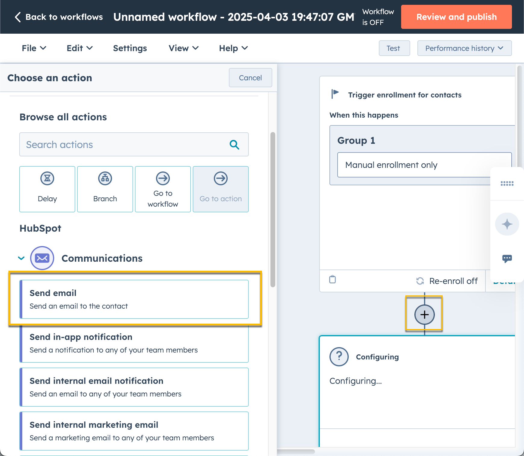 Send email action selected from list of workflow actions