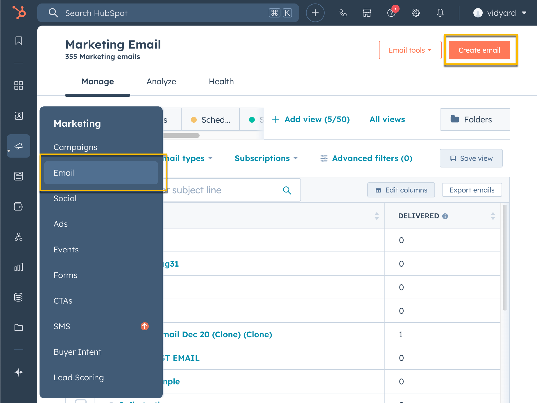 HubSpot marketing email page with option to create a new email highlighted