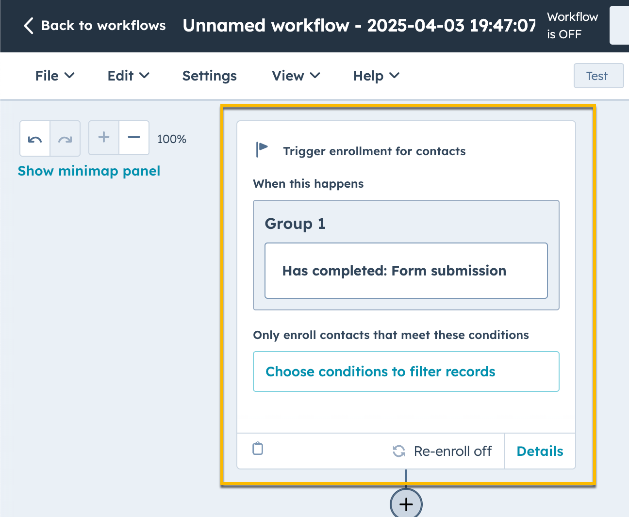 New HubSpot workflow with trigger event added to trigger when a form is submitted