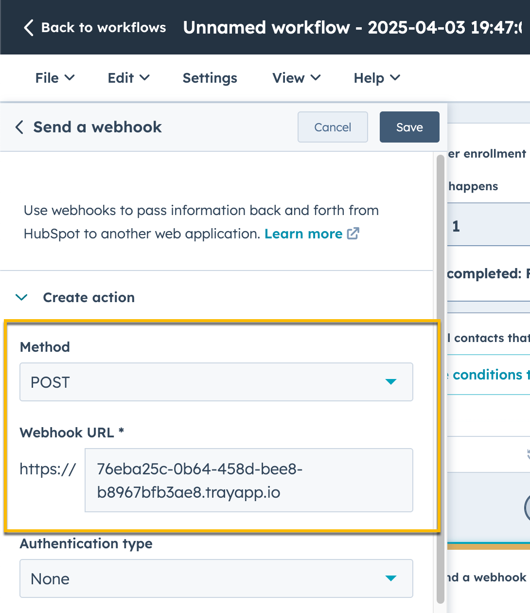 Modal to send a webhook open with POST method selected and Vidyard webhook URL added