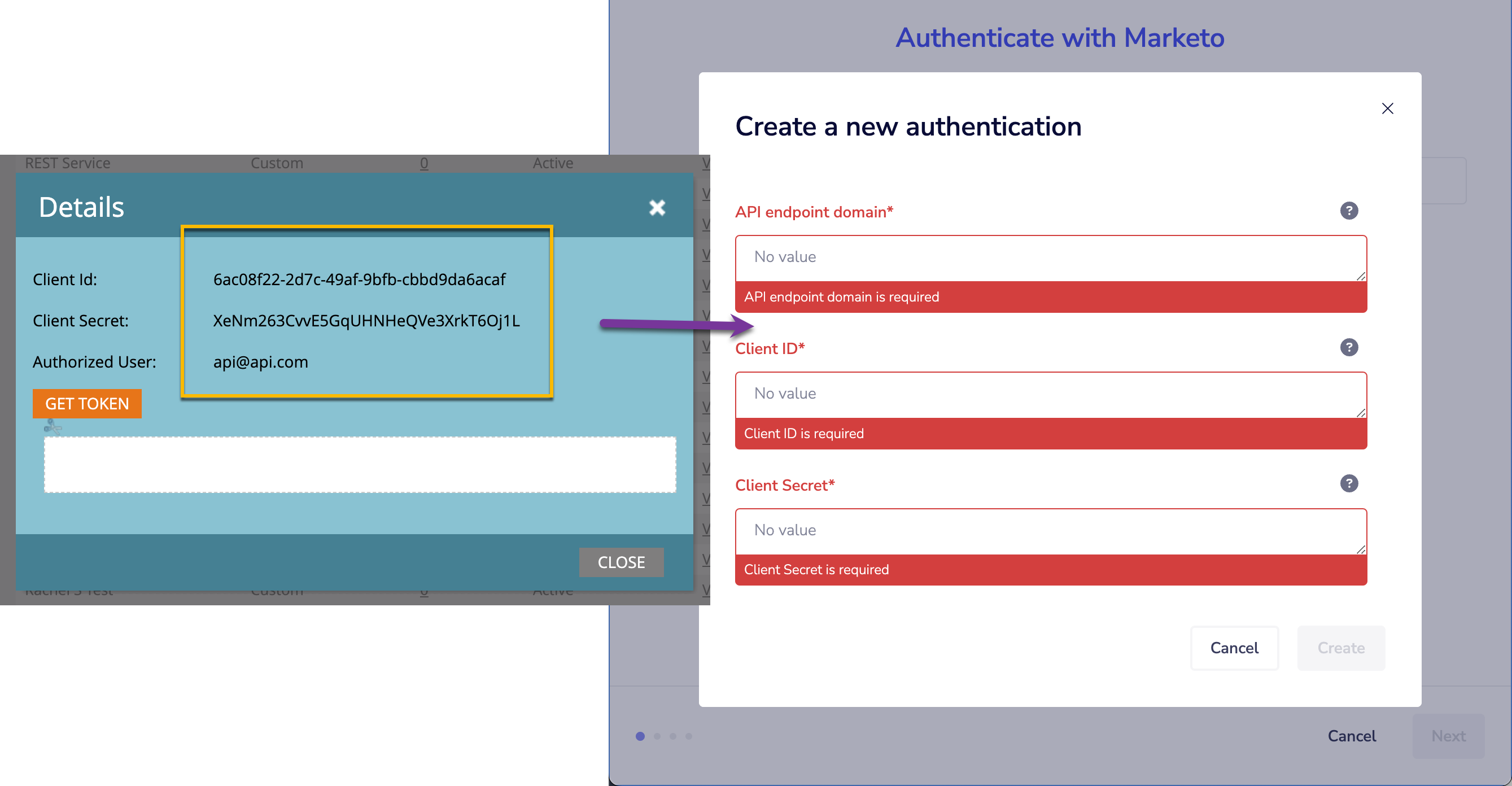 Marketo client details with arrow pointing to where each value should be entered in Vidyard authentication screen