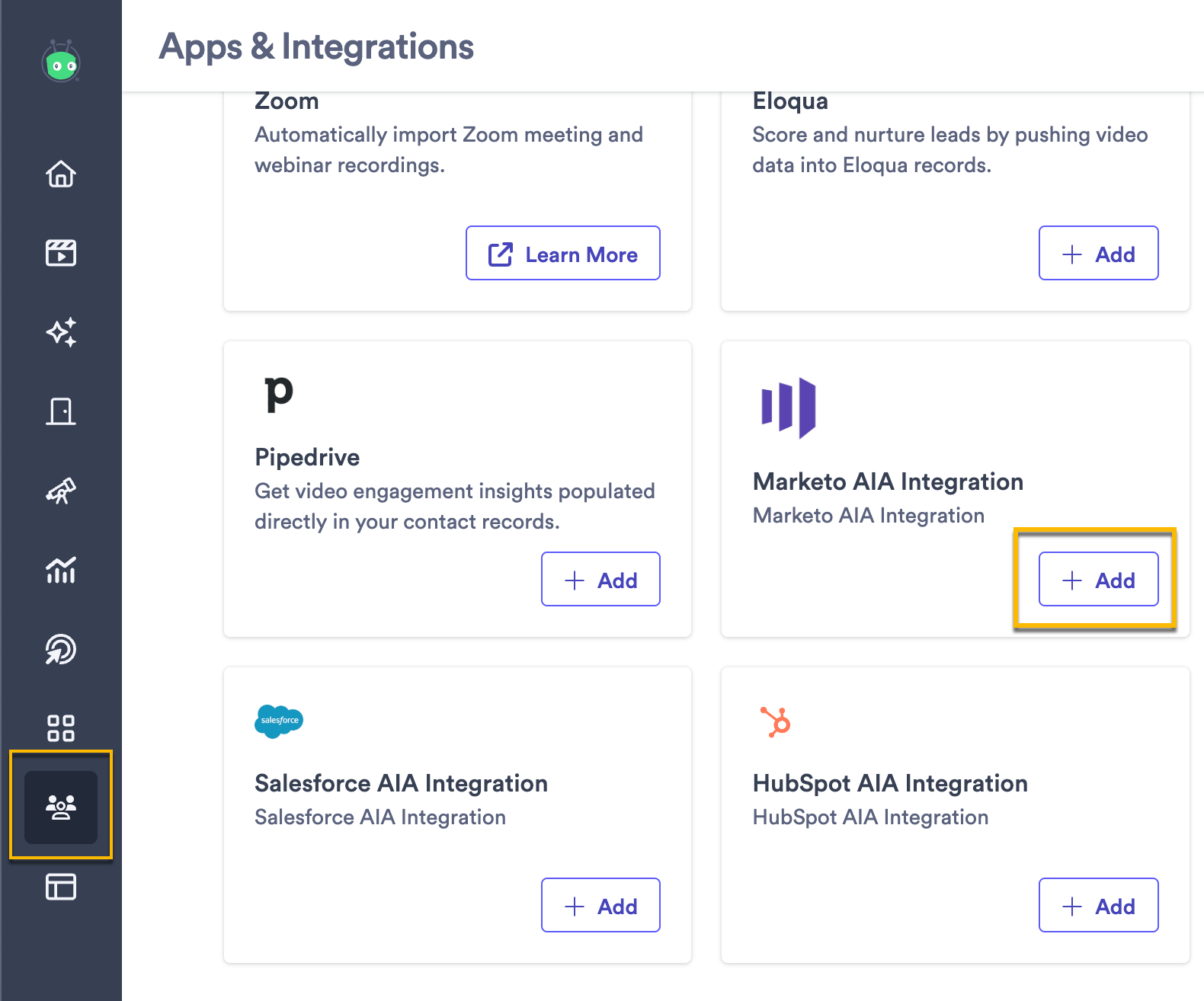 Vidyard integrations page with button to add Marketo AIA integration highlighted