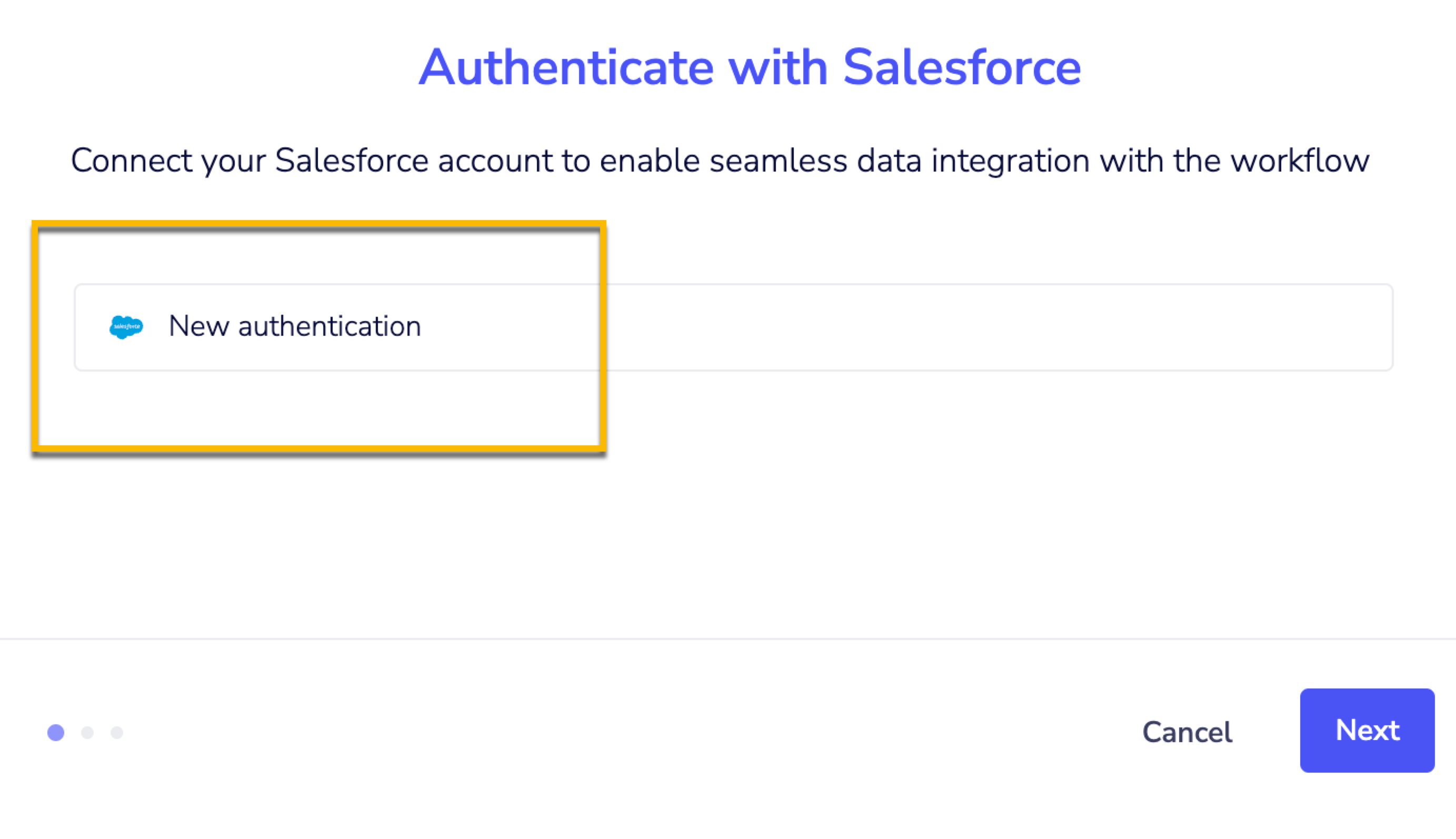 Salesforce authentication screen to select new authentication session
