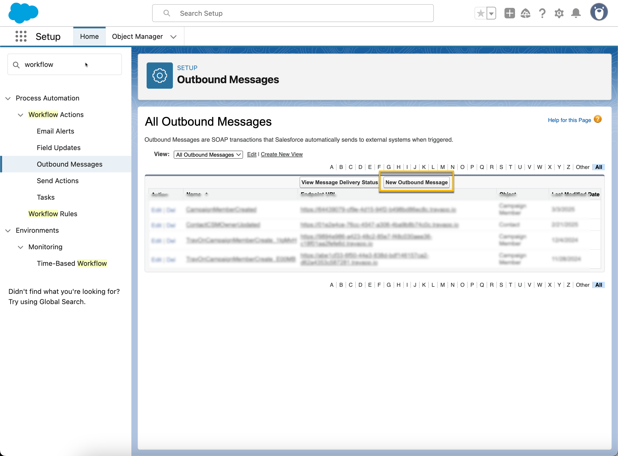 Outbound message list in Salesforce with option to create new outbound message selected