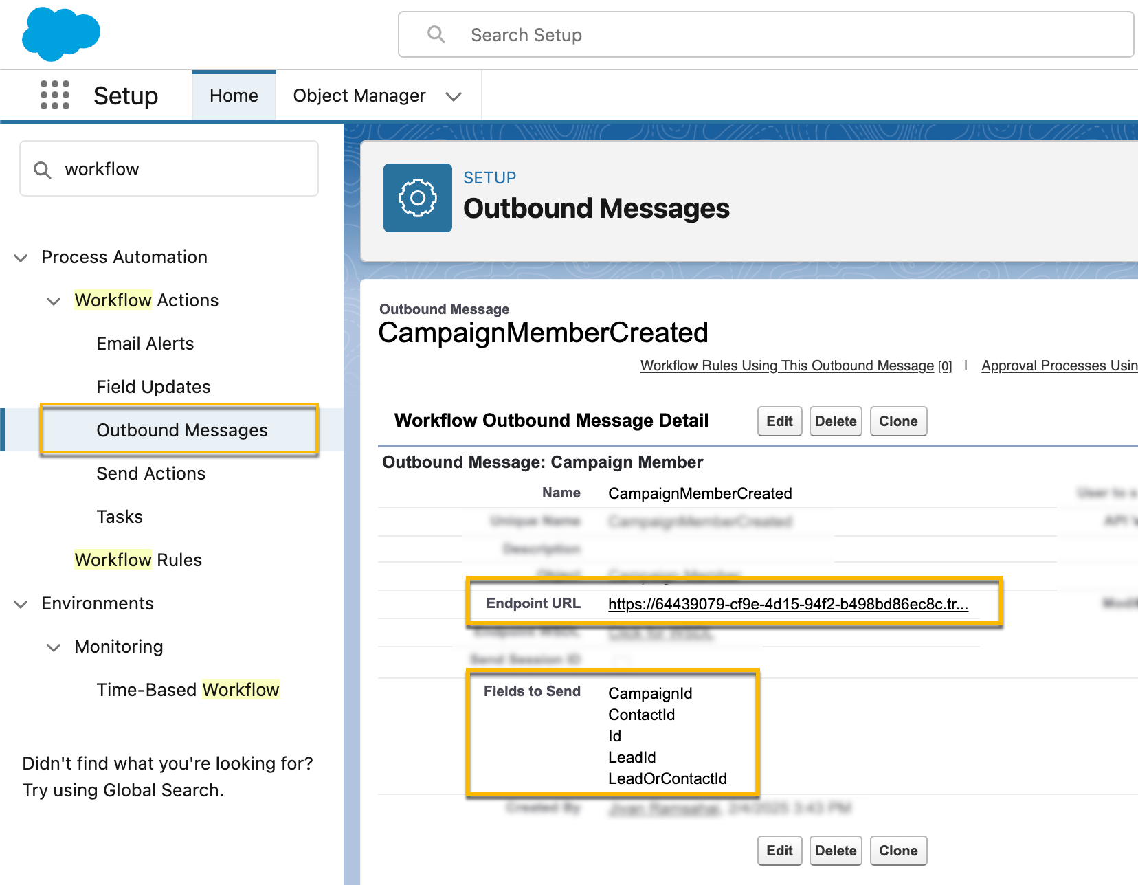 New outbound message filled out with correct fields to send to Vidyard
