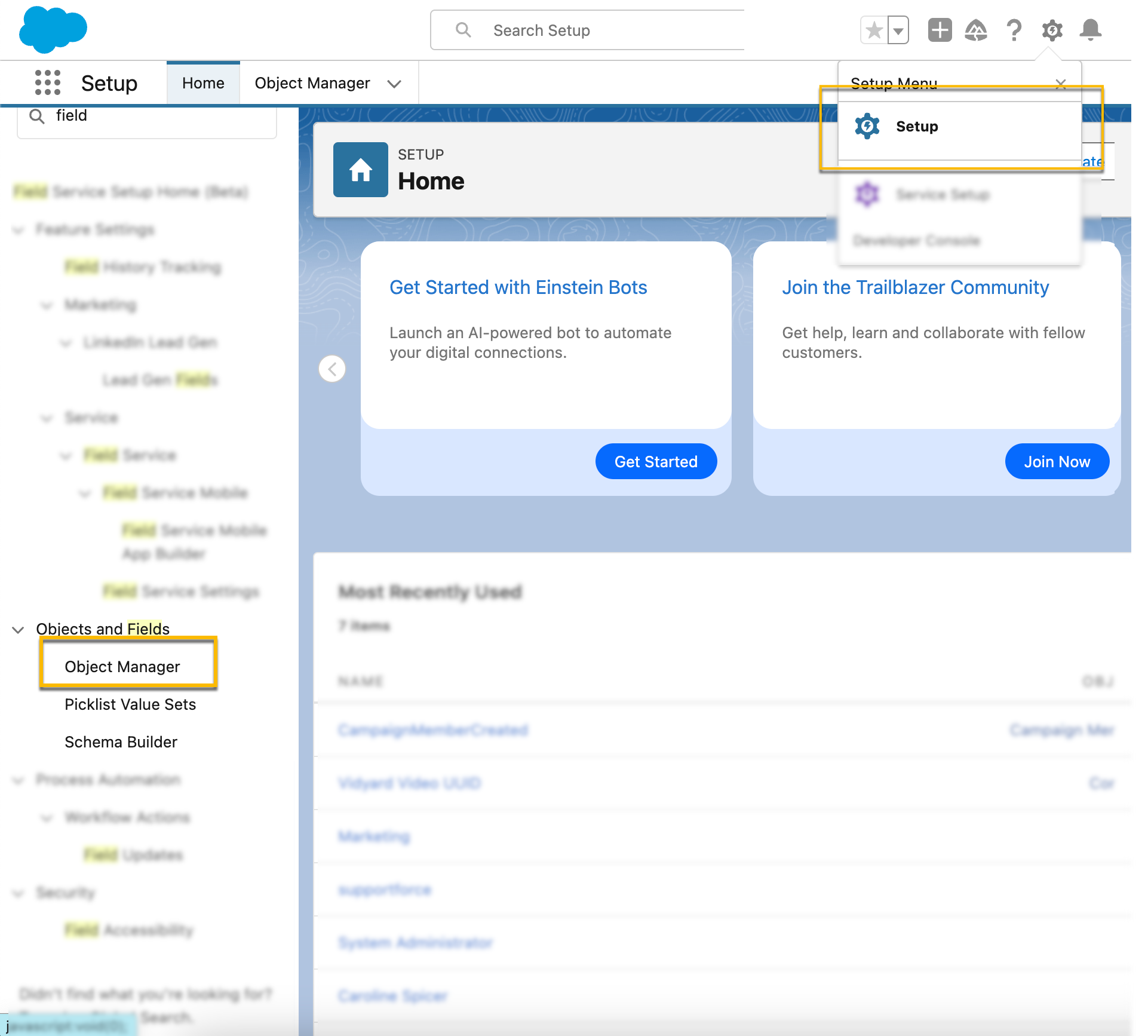 Salesforce setup screen with object manager option selected from menu