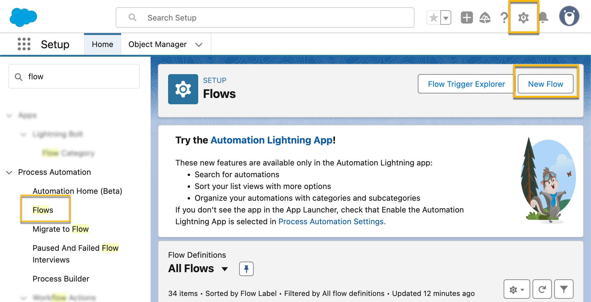 Salesforce setup menu with Flows option selected from the list