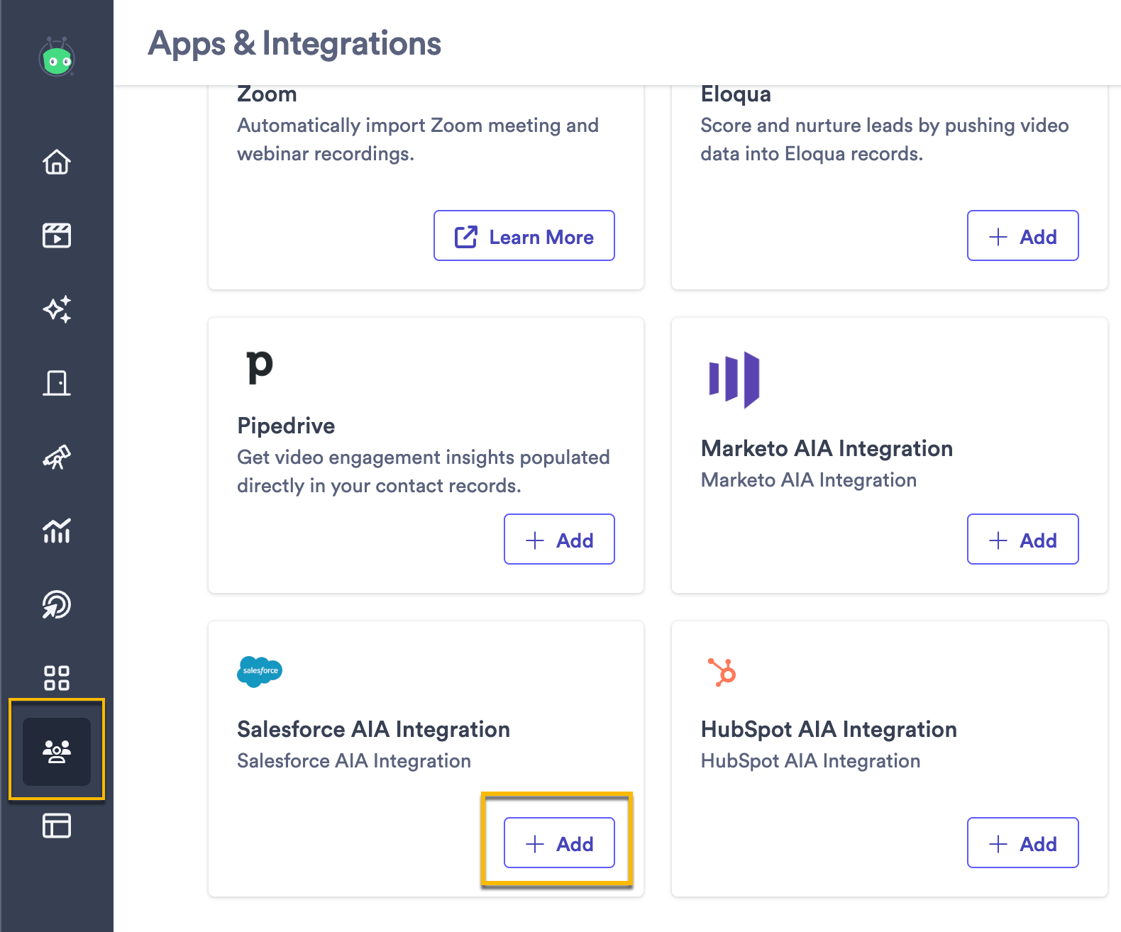 Vidyard integrations page with button to add Salesforce AIA integration highlighted