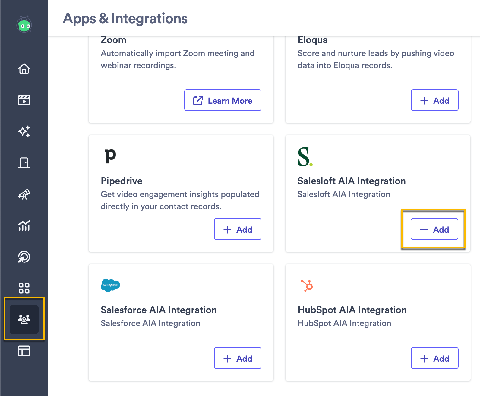 Vidyard integrations page with button to add Salesloft AIA integration highlighted
