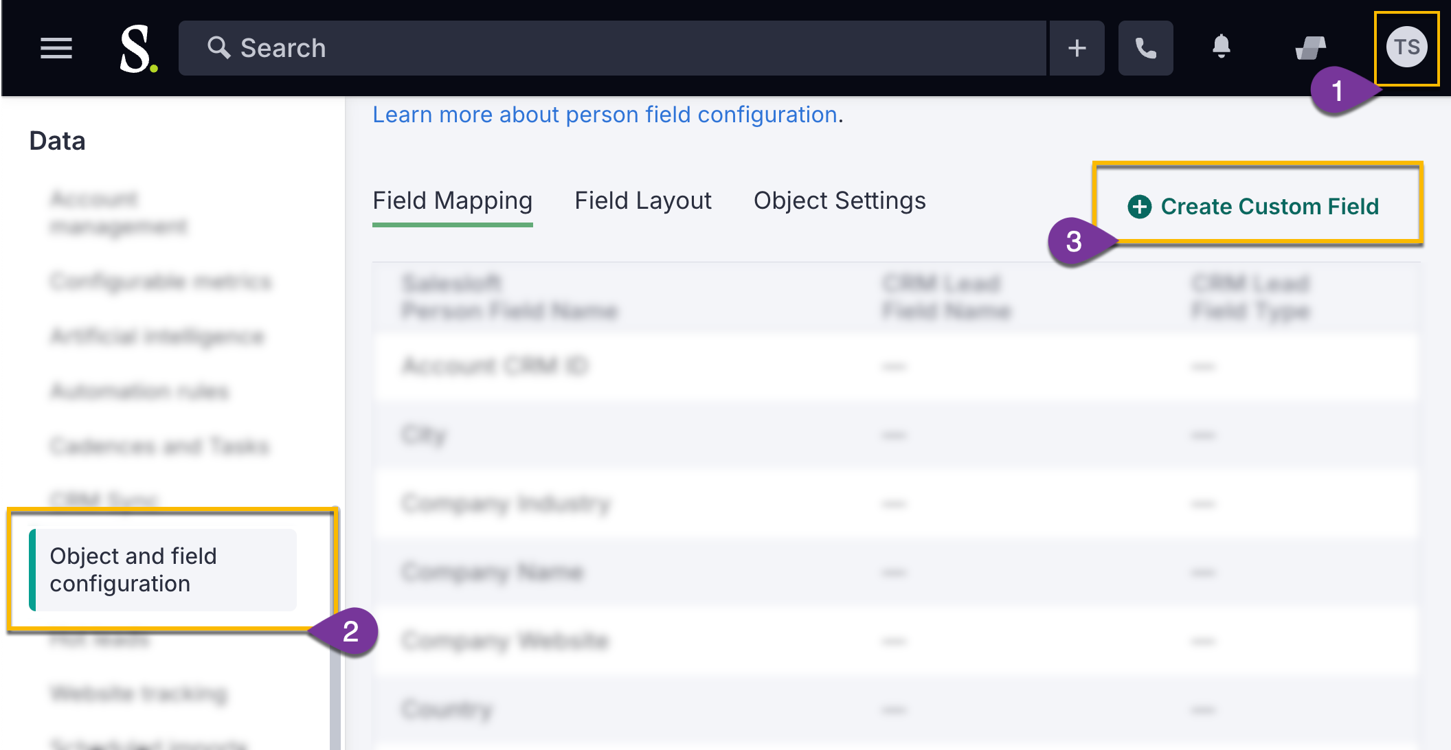 Option to create new custom field highlighted in Salesloft object and field configuration menu