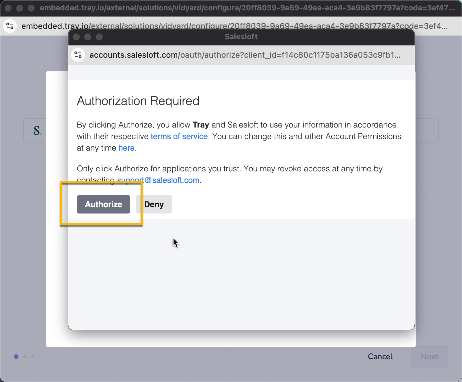 Salesloft authorization confirmation to finish connection with Vidyard