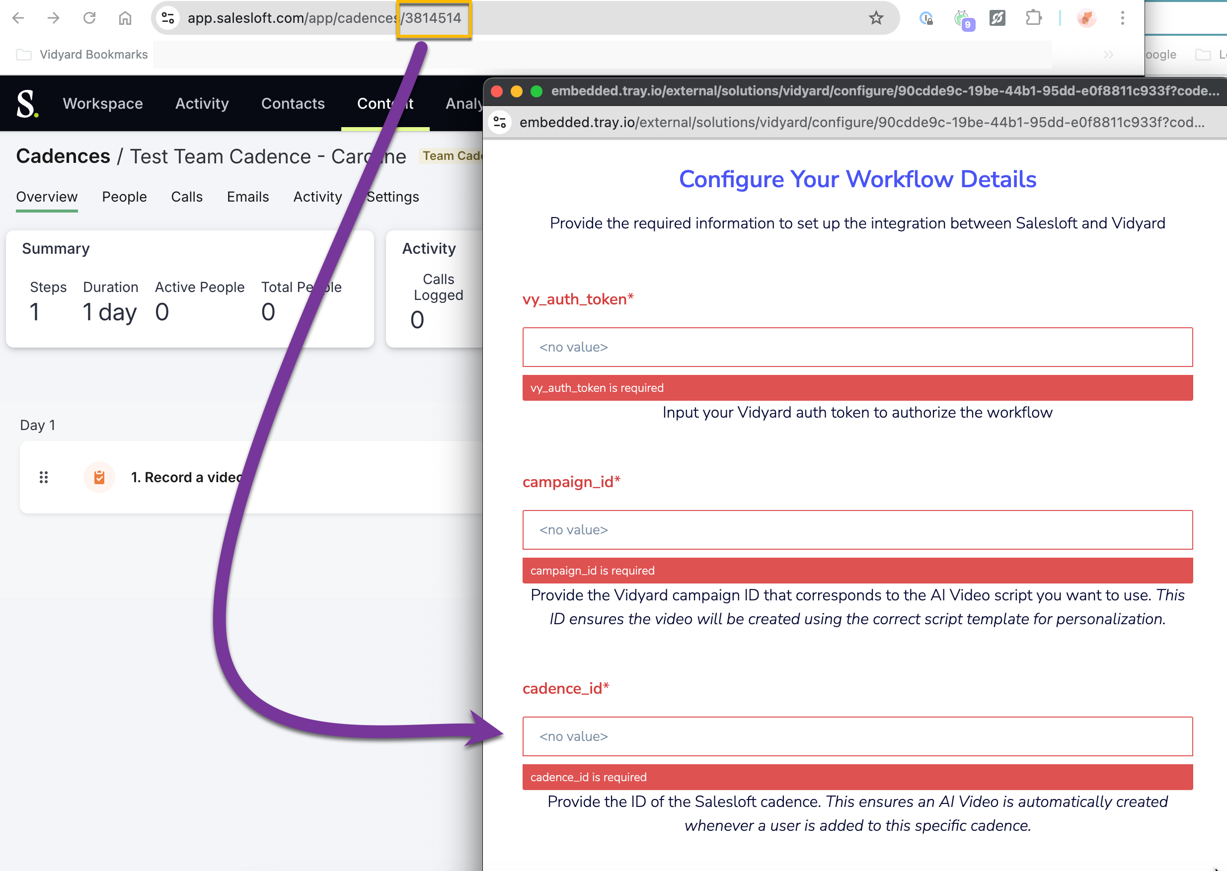 Salesloft workflow detail screen with values filled out to complete connection with Vidyard